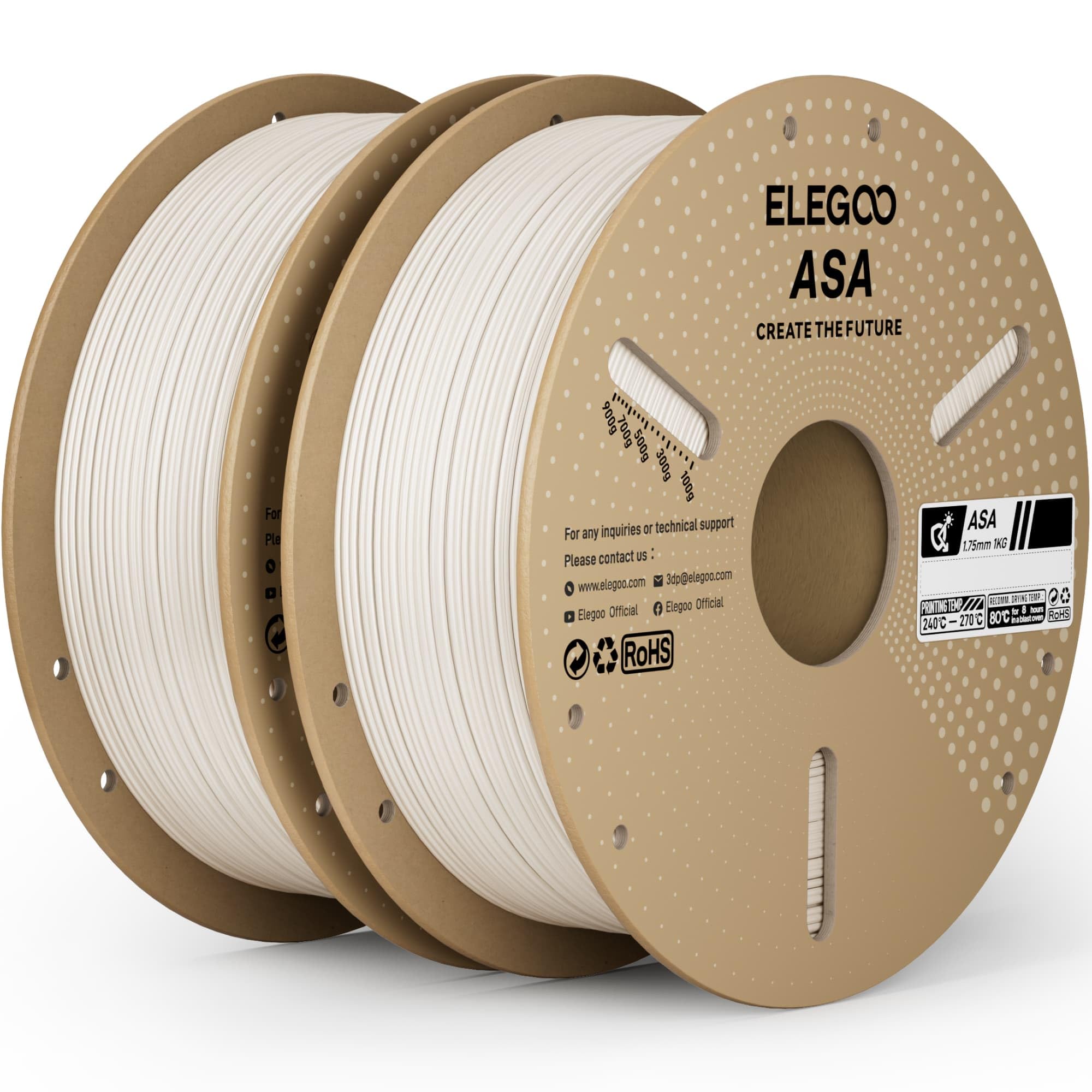 ELEGOO ASA Filament 1.75mm White 2KG, UV & Weather Resistant 3D Printer Filament for Outdoor Functional Parts, High Impact Strength Engineering Grad