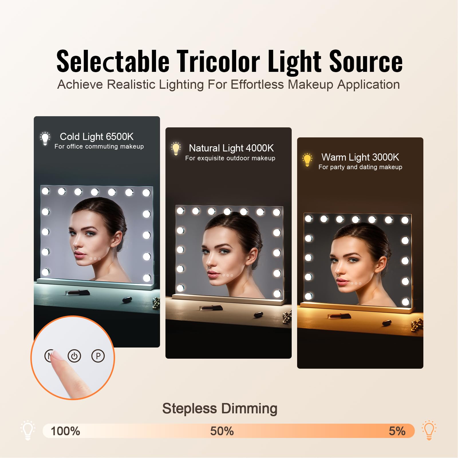 VEVOR Miroir de Maquillage Hollywood avec 15 Ampoules LED Intensité Variable, 3 Modes Éclairage de Couleur, Miroir Grossissant 5X Amovible, Port USB, Contrôle Tactile Intelligent, Support, 580x458 mm