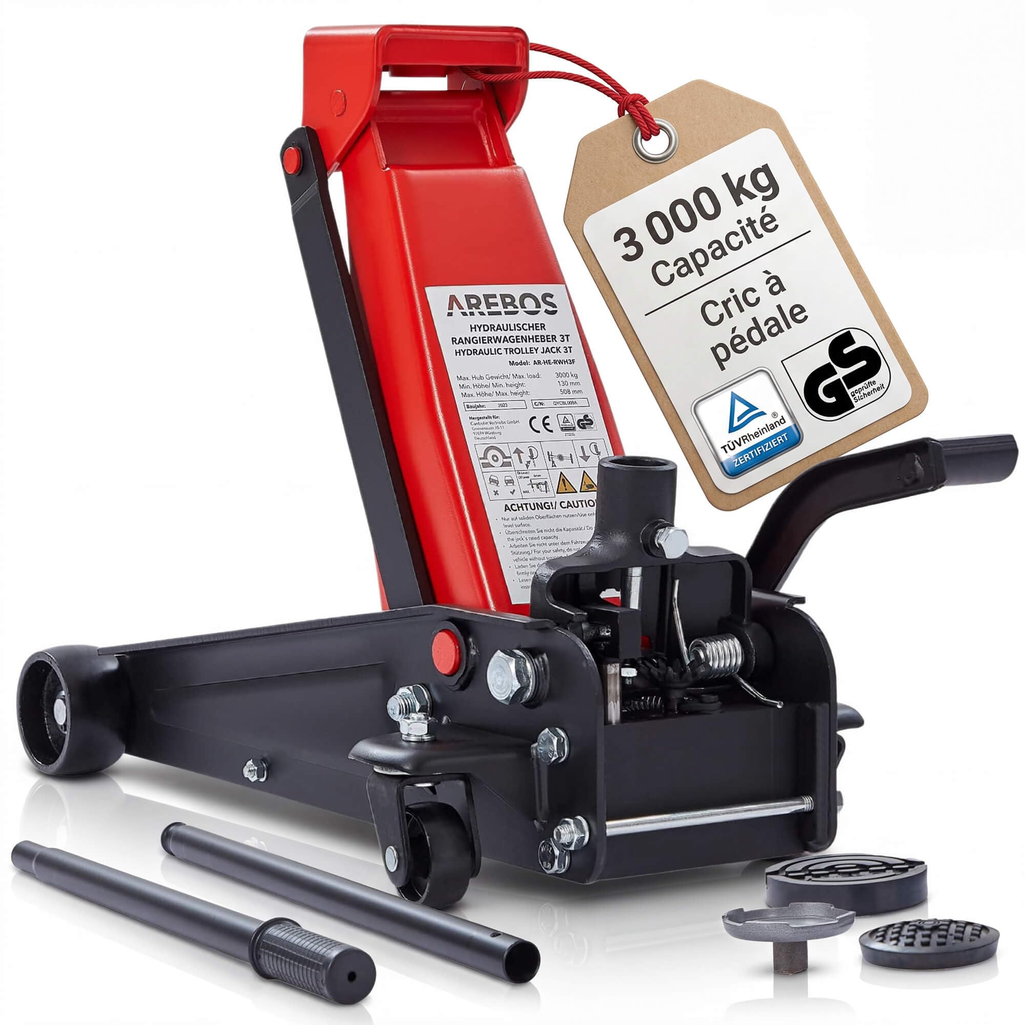 Arebos Cric hydraulique 3T avec pédale intégrée | Hauteur de roulement 130-508 mm | Patins en caoutchuk | Cric Jack 360° | Support de levage pour voiture