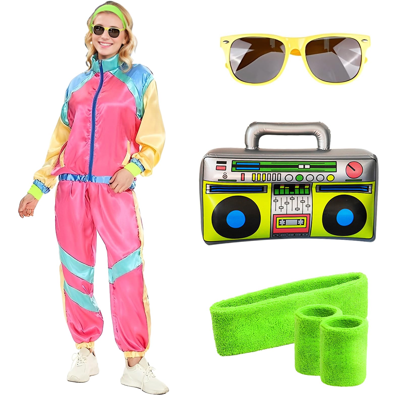 80s 90s Fancy Dress Costume Men Women Adults, Shell Suit Rave Tracksuit Outfit Retro Jacket Hip Hop Rapper Disco Neon Accessories Carnival Halloween Party (Rose, 2XL)