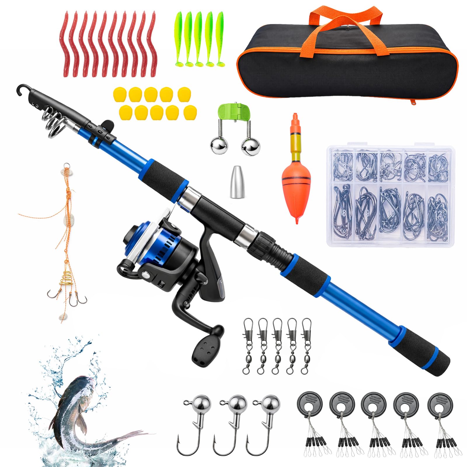 Minifactory Kids Fishing Rod Starter Set, 45-166cm Telescopic Fishing Rod & Reel Set with Lures, Hooks & Carry Bag, Complete Beginner Fishing Kit, Lightweight Outdoor Toy Gift for Boys & Girls