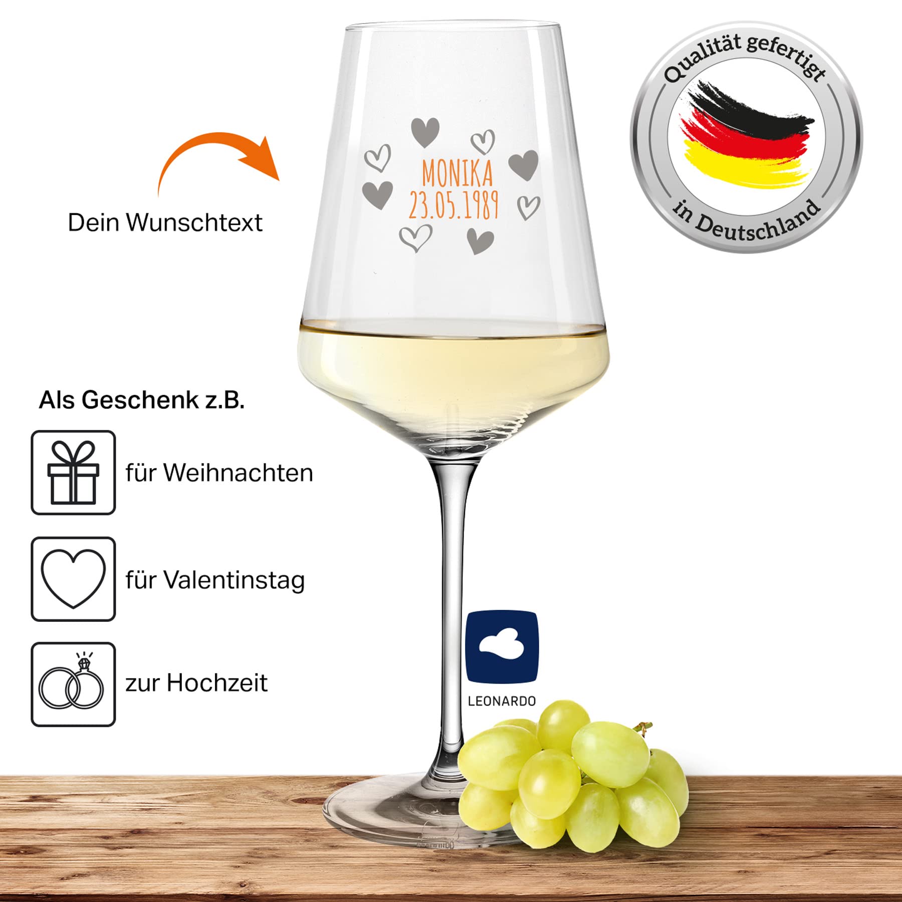 Deitert Leonardo Weißweinglas mit Namen oder Wunschtext graviert - PUCCINI - großes 560ml Glas - personalisiertes Weinglas als Geschenkidee für Männer und Frauen, Motiv Herzrahmen