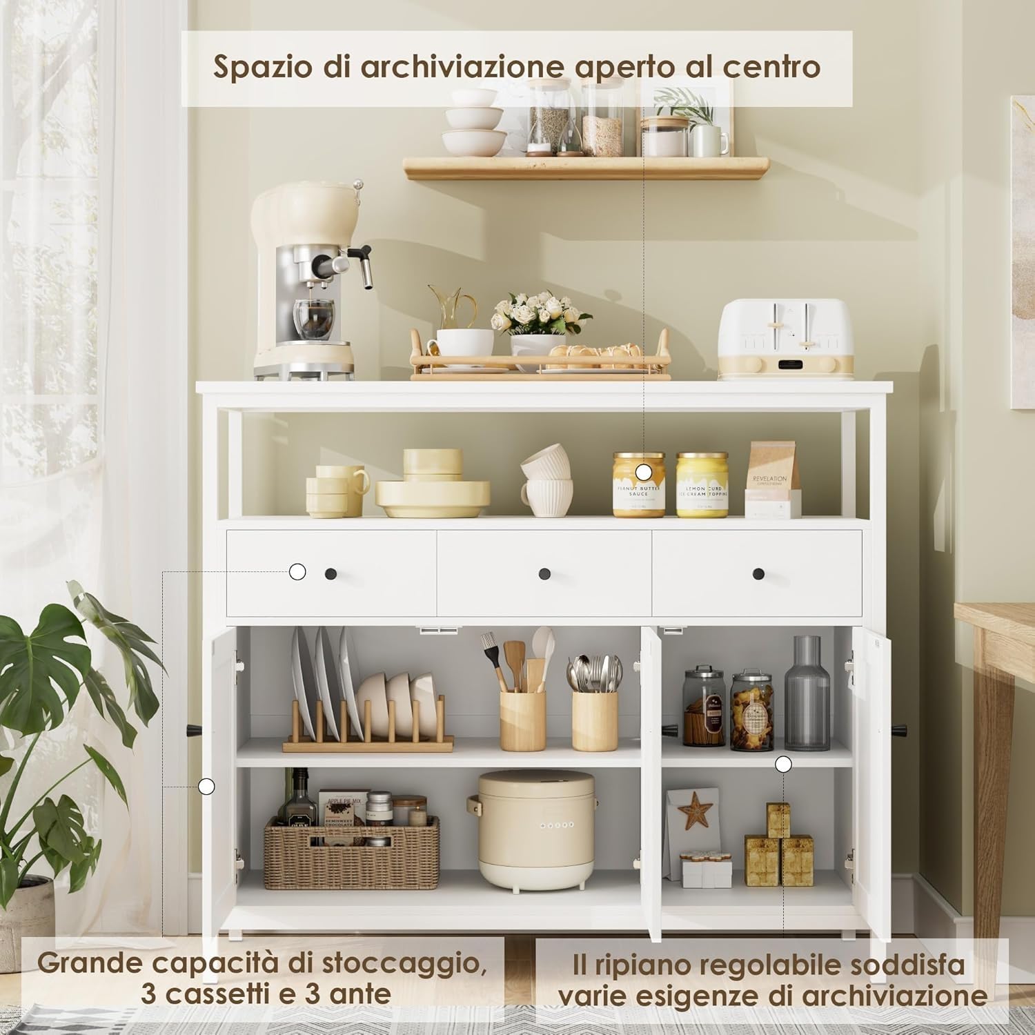 FirFurd Credenza Cucina con 3 Ante, Mobile Cucina con 3 Cassetti, Credenza Soggiorno con Ripiani Regolabili, Doppio Piano di Lavoro, per Sala da Pranzo Soggiorno Corridoio, 108x38x98,5 cm Bianco