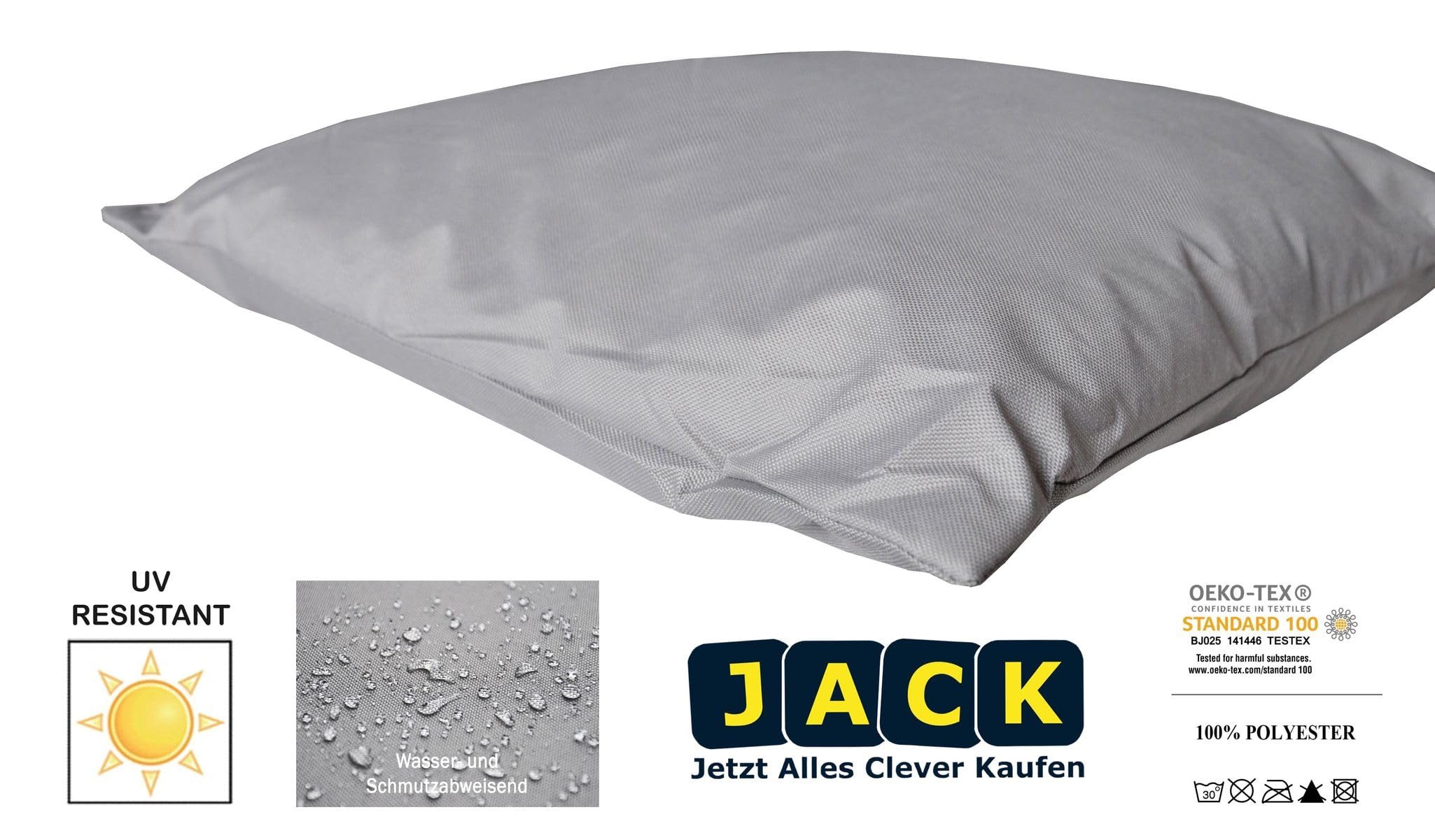 JACK 2er Set Outdoor Lounge Kissen Set 45x45cm + 30x50cm Dekokissen Inkl. Füllung Wasserfest Sitzkissen Garten Lotus Effekt, Farbe:Grau