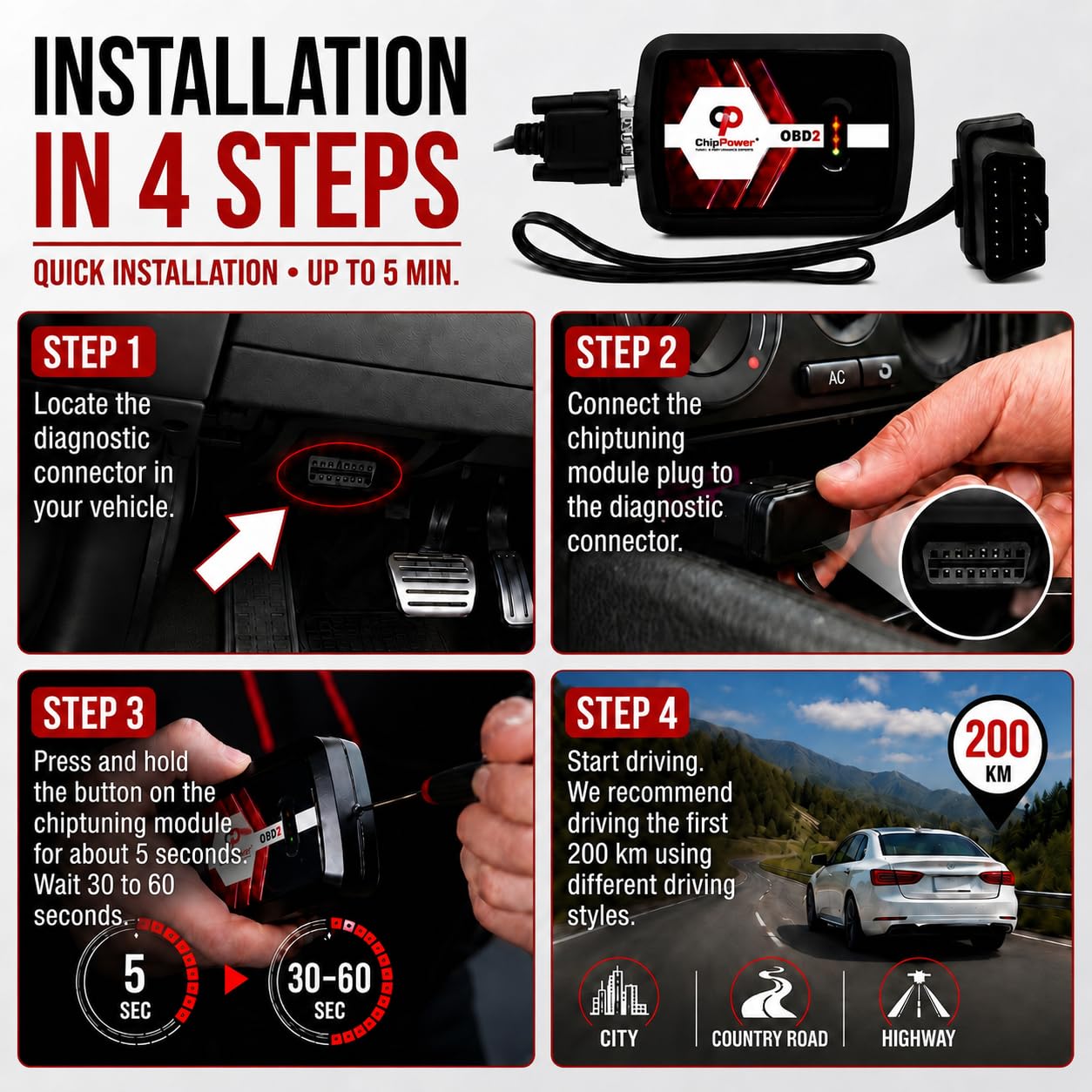 Boîtier Additionnel OBD2B v4 pour Arkana 1.3 TCe / 1.6 2019 de puissance | Jusqu’à +20% de puissance pour Alfa Romeo essence Installation Plug&Play sans outil ni modification ECU Guide QR