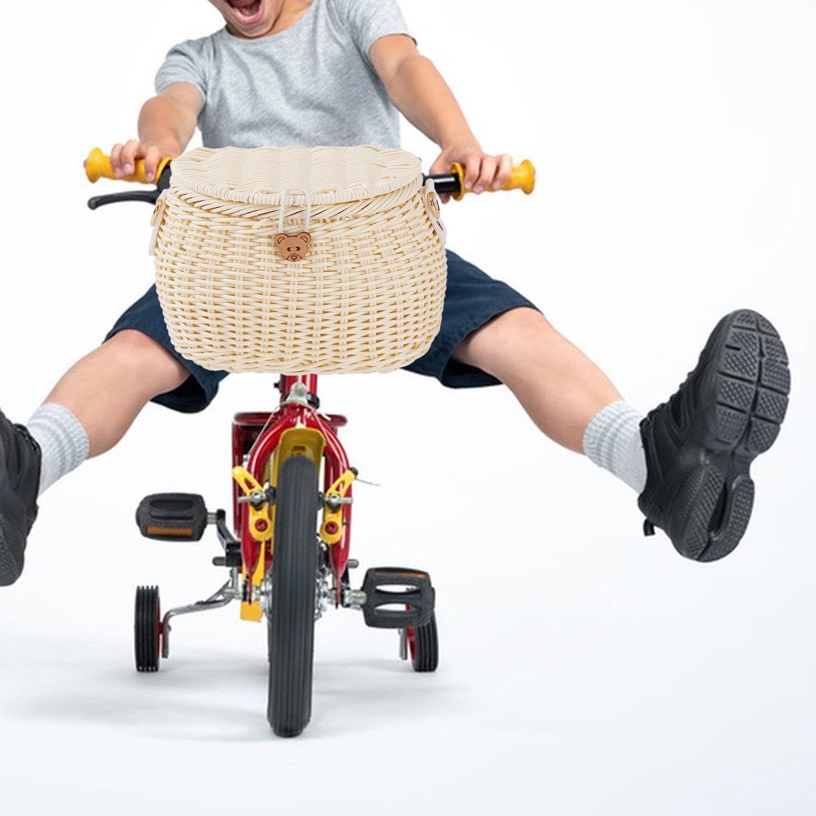 Panier Vélo Enfant pour Tricycle avec Bandoulière Amovible et Couvercle Panier Guidon Tissé Panier Bicyclette Accessoire Sac Épaule pour Balance Bike