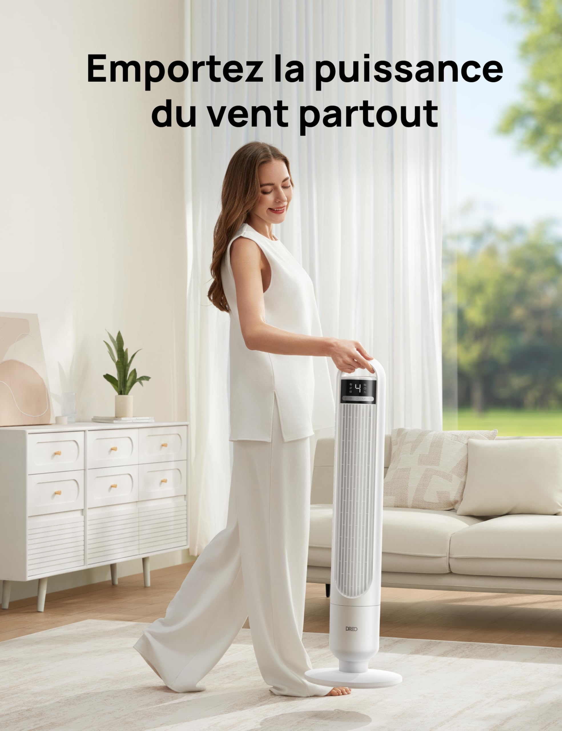 DREO Ventilateur Colonne Silencieux 23 dB pour Chambre, Couverture Max 9.8 m, Ventilateur Debout sans Lame, Oscillation 90°, 4 Vitesses, 3 Modes, Minuteur 8H, Affichage LED