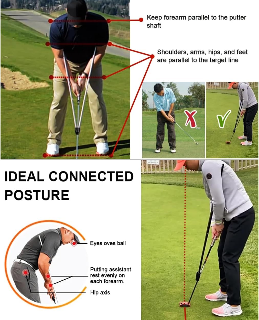 Golf Putting Training Aid, Adjustable Aluminum Golf Putter Trainer Putting Gesture Assist Batting Force Angle Action for Beginner