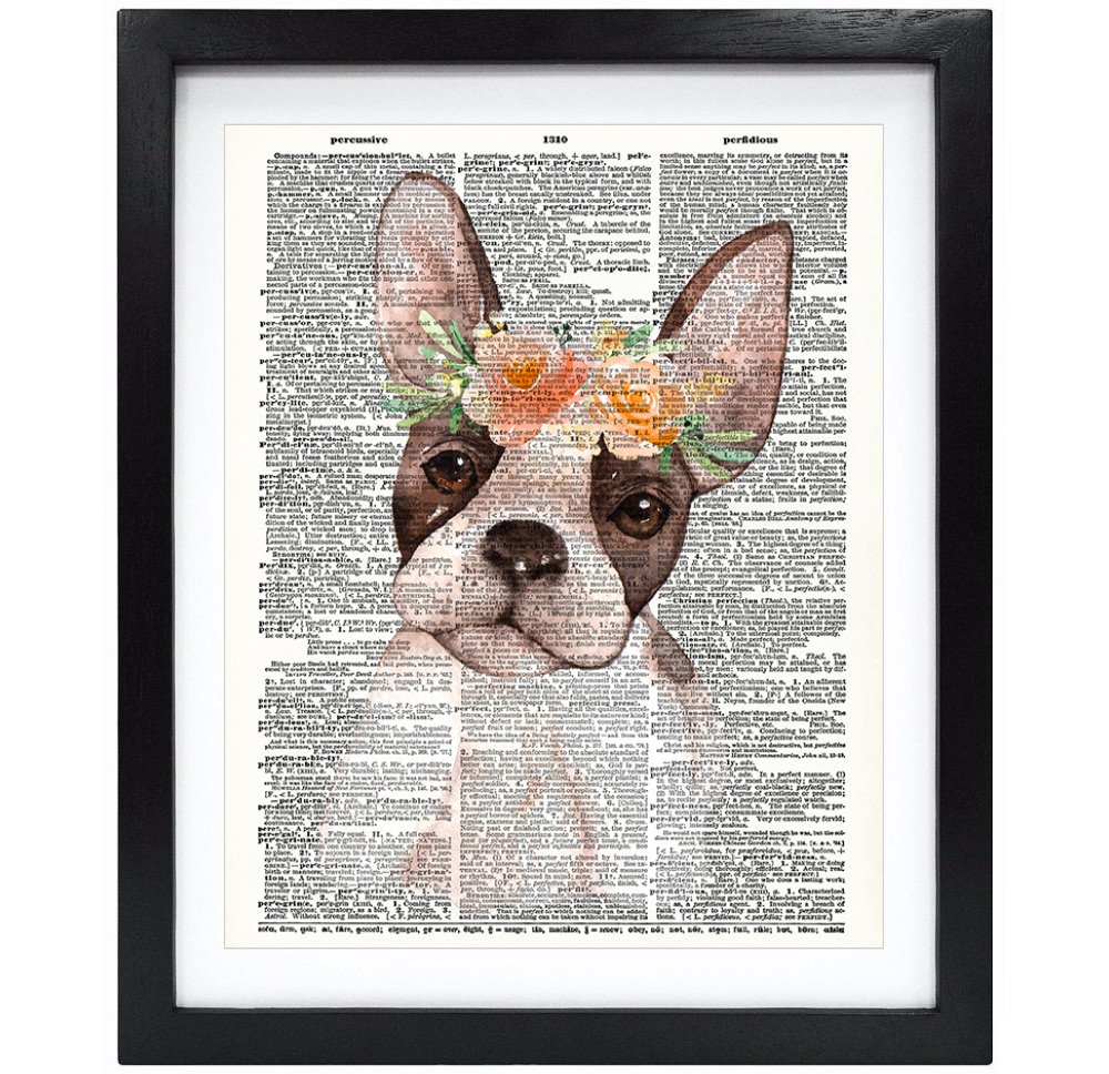 Susie Arts8X10 Unframed Dog with Flowers Boston Terrier Upcycled Vintage Dictionary Art Print Book Art Print Home Decor Wall Art V088