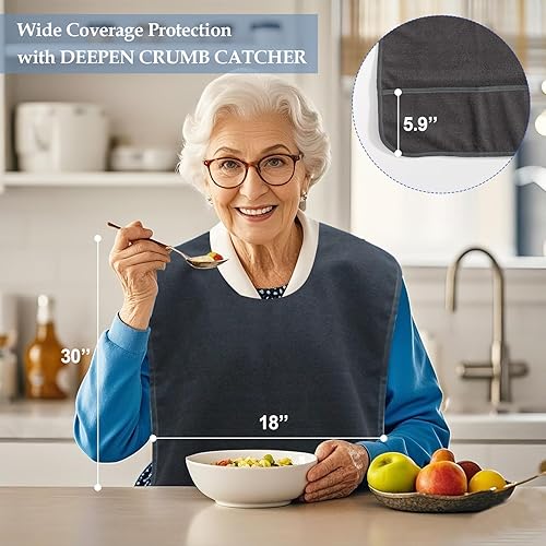 Vista 7 de Babero antideslizante para adultos para comer, baberos grandes impermeables para adultos, para mujeres mayores, hombres, lavables gris