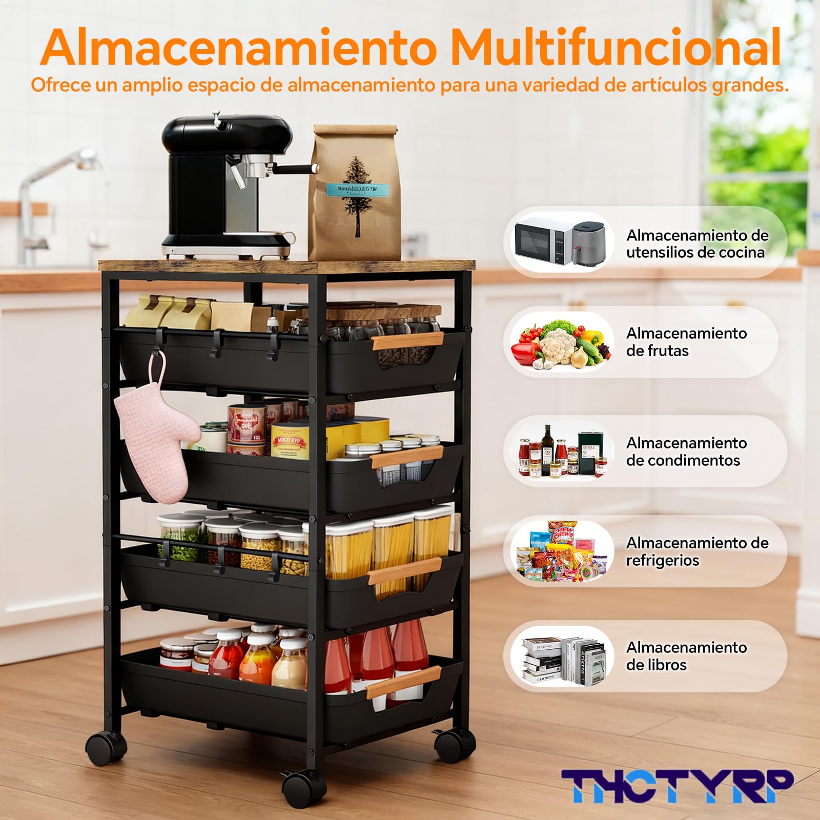 Carrito de 5 Niveles y 4 cajones, con Tabla de Madera y cestas ventiladas. Ruedas 360° con 2 Frenos. Ideal para Guardar Frutas, Verduras, microondas en Cocina o salón 32x38x81.5 cm