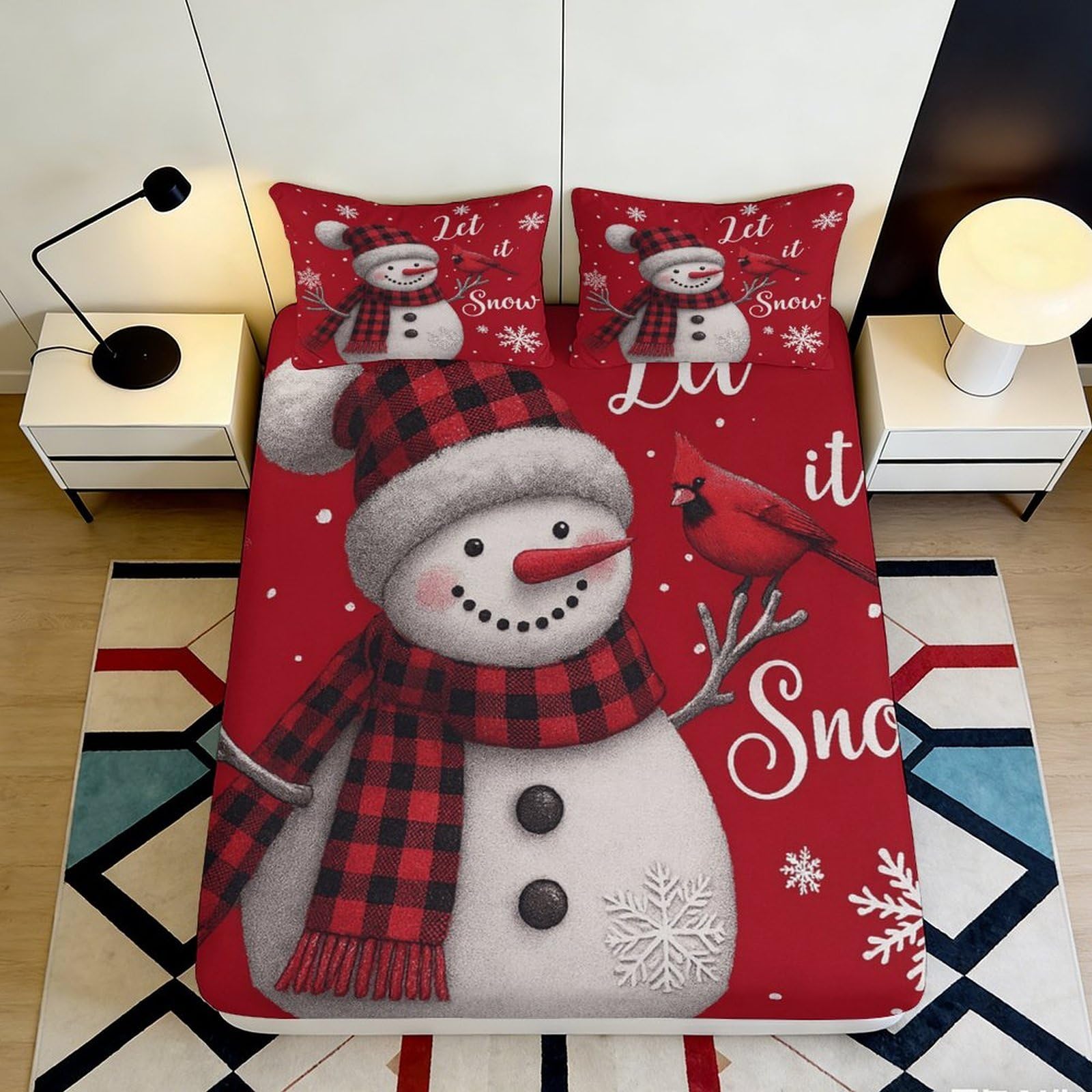 3D Printed Christmas Snowman Fitted Sheet Microfiber Soft Breathable Snowflake Bed Cover for Bedroom Dormitory Guest Room Mattress Protection 200x200x25cm
