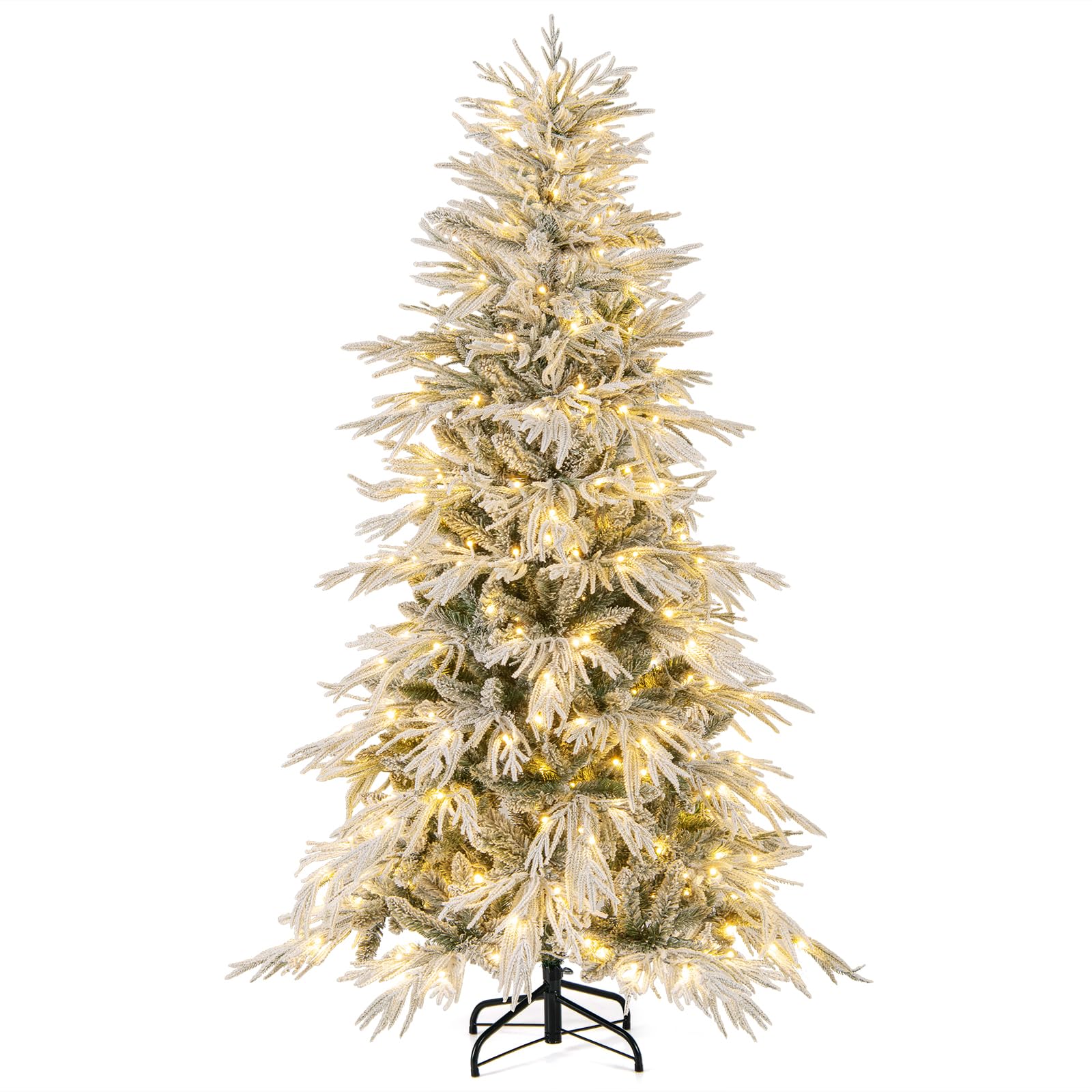 Goplus 6 FT Pre-Lit Snow Flocked Christmas Tree, Artificial Hinged Xmas Tree with 594 PE & PVC Mixed Branch Tips, 250 Warm White LED Lights, Foldable Metal Base, Home Office Decoration