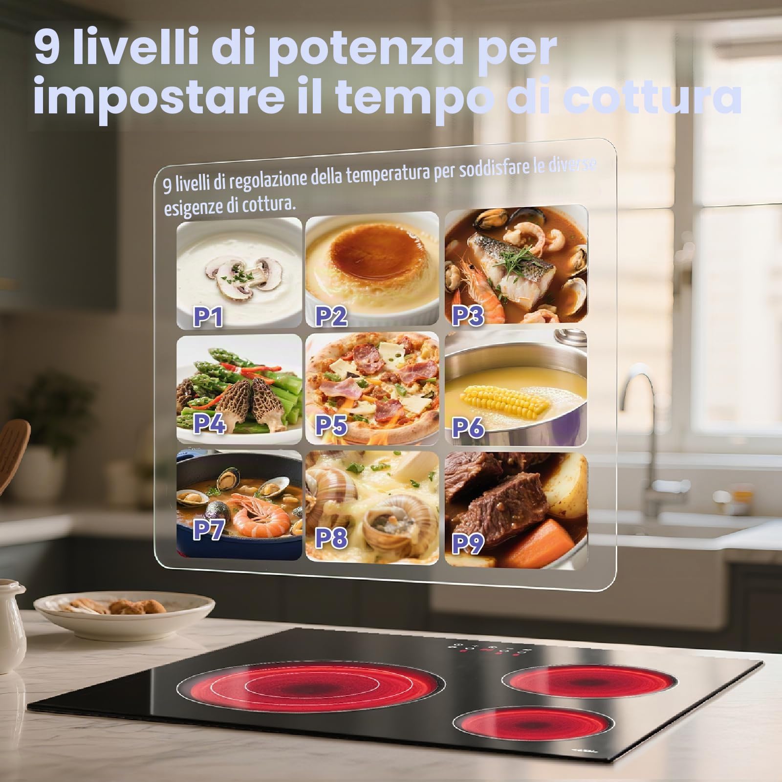 STARCHARTS Piano Cottura Vetroceramica 3 Fuochi 59 cm 5700 W 3 Anelli ILVA. | Incasso, blocco bimbi, 9 livelli, triplo anello, vetro ILVA, facile pulizia, calore residuo, spegnimento auto, 59 cm, 5700 W.