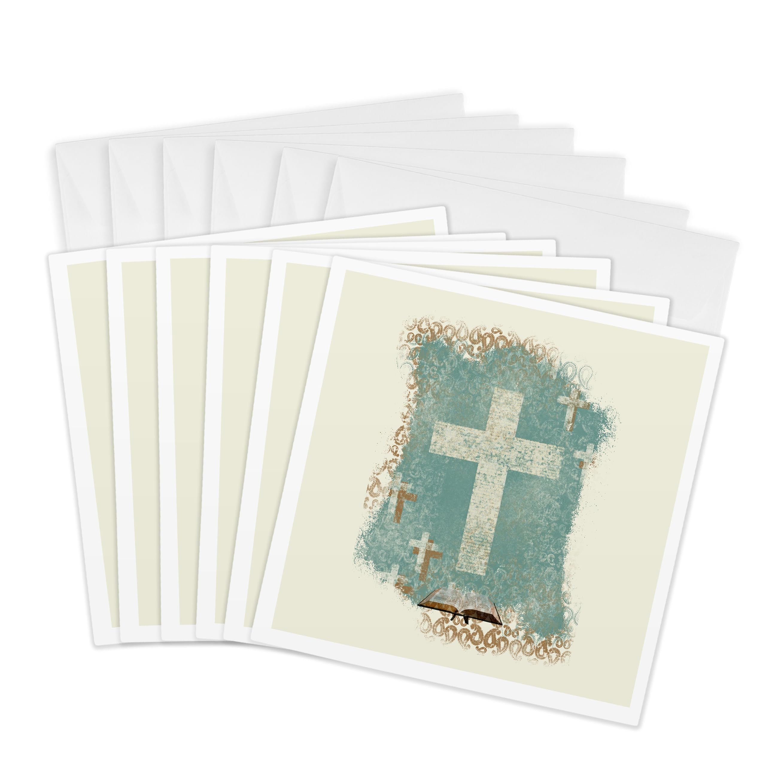 3dRose gc_180927_1 6 x 6-Inch"Crosses with Open Bible, Pastel Green, Sepia, and Cream" Greeting Card (Pack of 6)