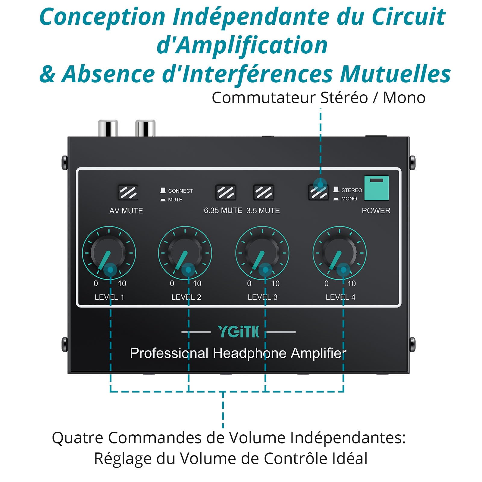 Amplificateur de Casque, Mono/Stéréo 4 Canaux Amplificateur Audio Professionnel, Séparateur de Casque Volume Indépendantes TRS 3,5 mm / 6,35 mm pour Scène Clavier de Guitare Basse
