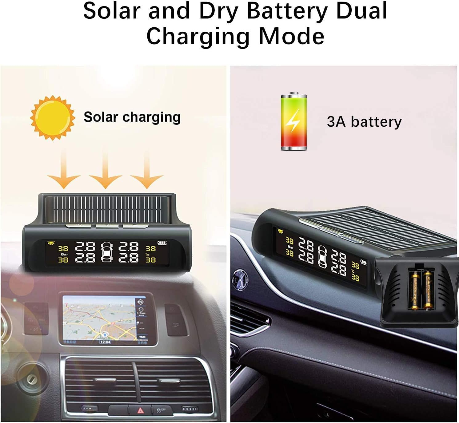 3T6B TPMS 4 Tire Pressure Monitoring System Solar Power Wireless Double Dry Battery Smart Tire Safety Monitor with External Cap Sensors Real Time Pressure & Temperature Alerts(Batteries not Included)