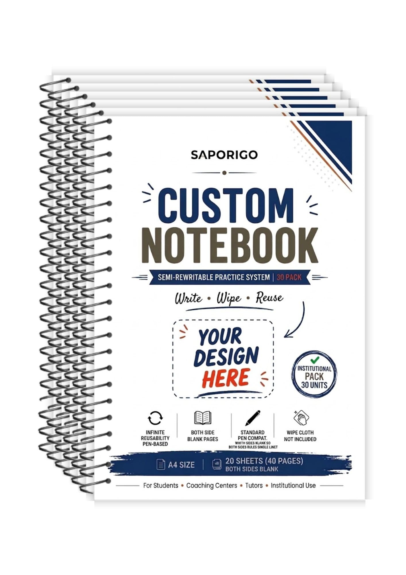 Confezione da 30 quaderni semi-riscrivibili formato A4 all'ingrosso – BIANCO su entrambi i lati (gratis) – copertina completa e intestazione pagina personalizzazione – Offerta istituzionale