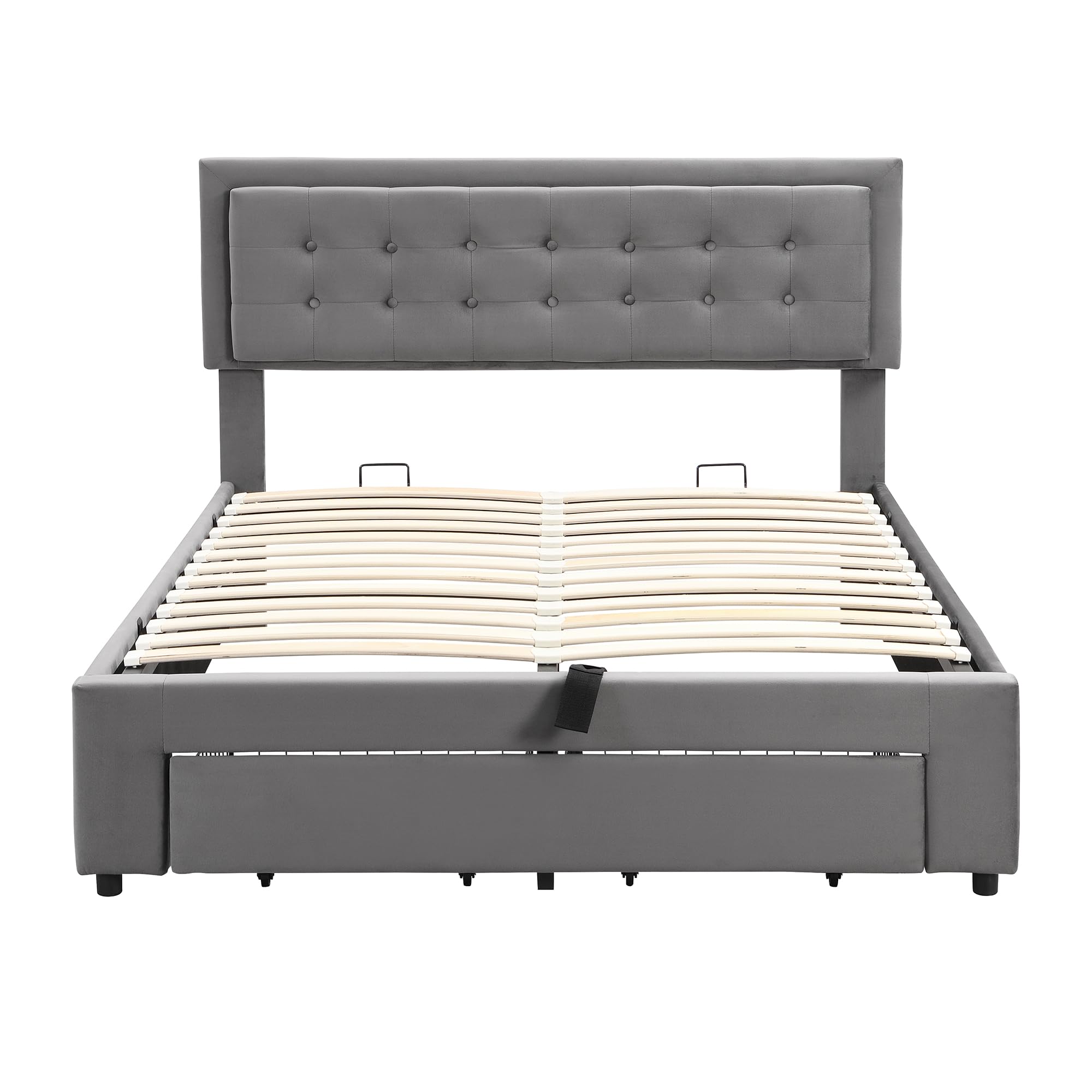 Cama Tapizada 140x190 cm Cama Matrimonio, Cama Juvenil con Almacenaje Hidráulico y cajones, Camas Matrimoniales con Cabecero Regulable, Estructura Camas Doble, Sin Colchón, Terciopelo Gris