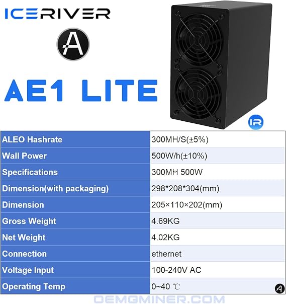 OEMGMINER ICERIVER ALEO AE1 LITE 300MH/S Mining Rig Efficient 500W PSU Included High-Performance ALEO Miner with 100-240V AC Input