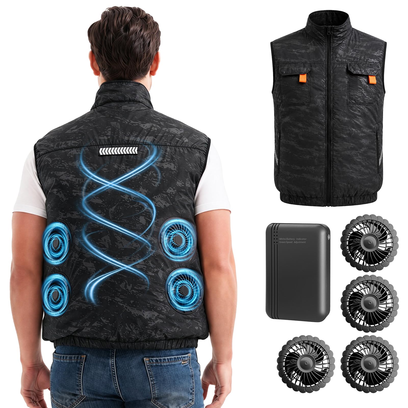 Kühlweste, Elektrische Kühlweste mit 4 Ventilatoren und Akku, Reflektierende Kühljacke für Herren Outdoor Camping, Wandern, Radfahren