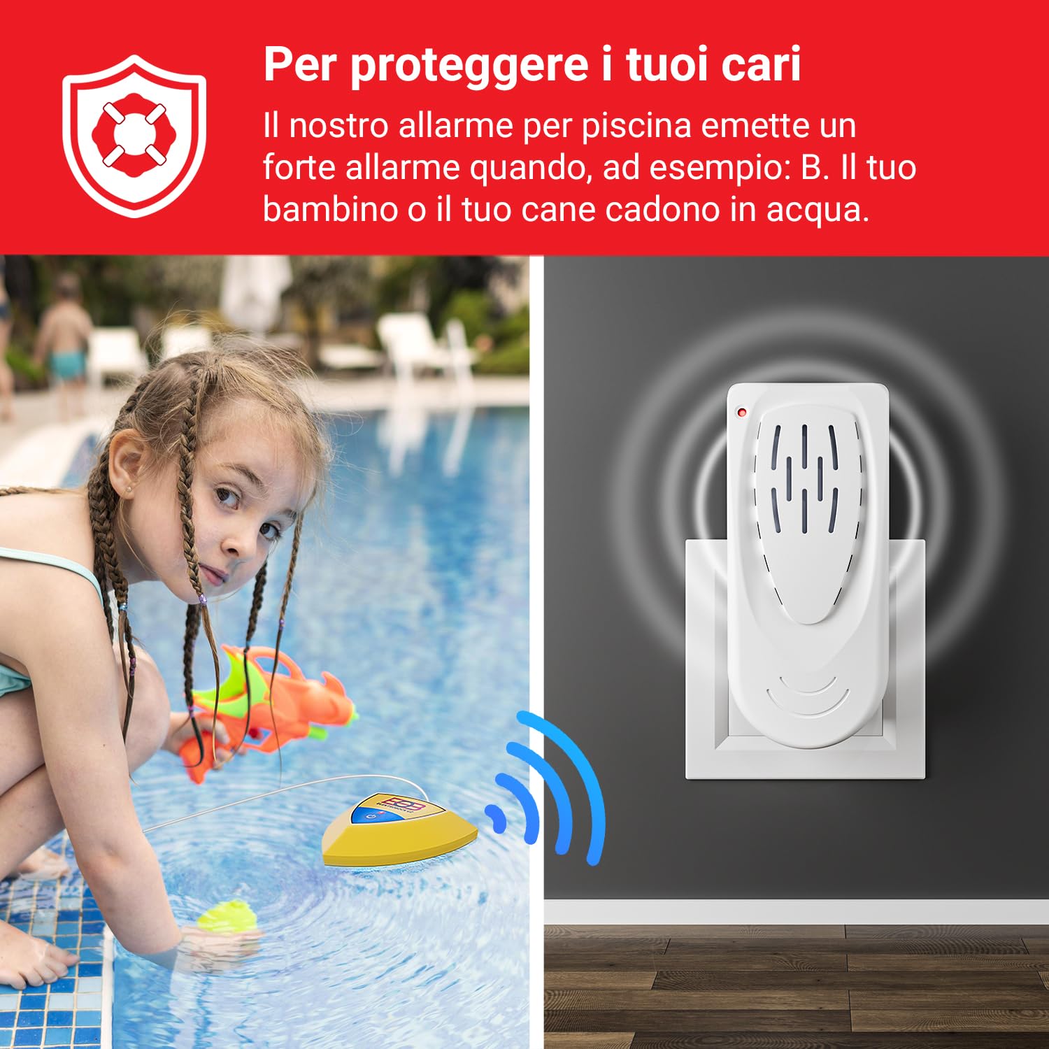 ELEKTROBOCK ELBO-073 Allarme piscina - Sensore di movimento galleggiante con sirena da 95 dB, movimenti dell'acqua - il ricevitore radio attiva un allarme forte, installazione semplice, IP67