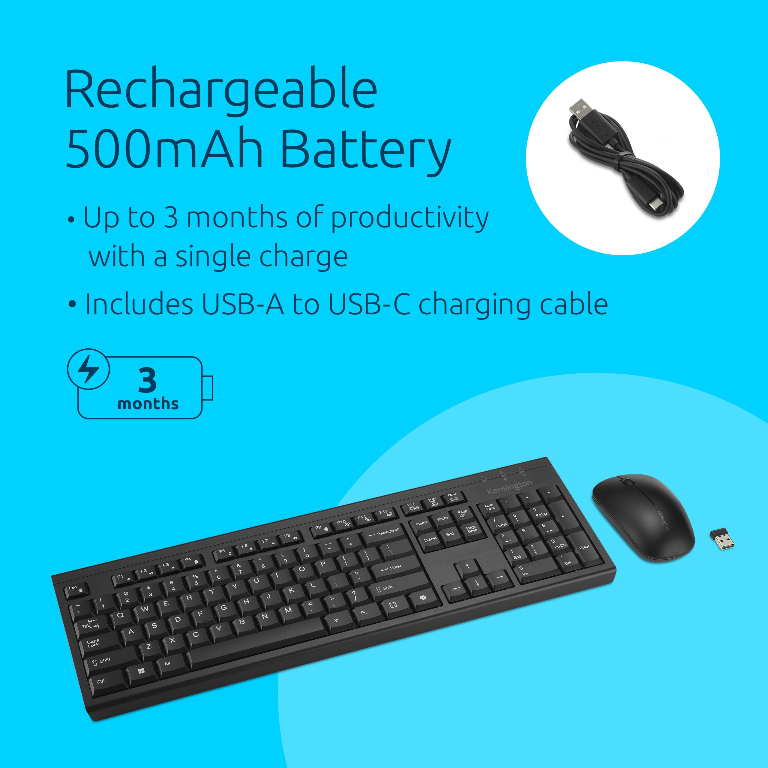 Kensington KM150 EQ Set tastiera e mouse wireless desktop, tastiera wireless full size con membrana sigillata e mouse silenzioso a 3 pulsanti da 1200 DPI, USB-A, Nero, Windows e macOS