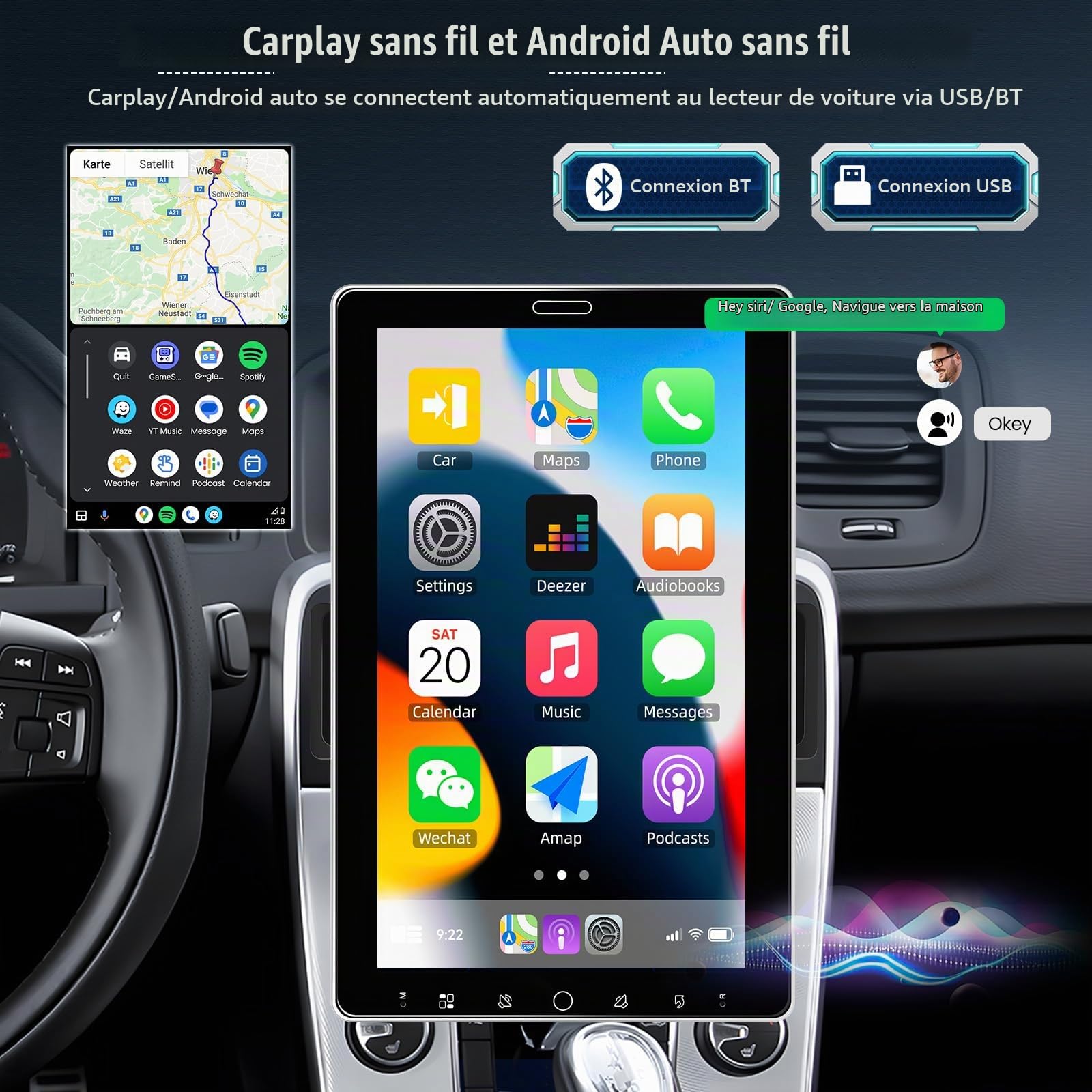 CAMECHO Autoradio 1 Din, 10 Pouces sans Fil A-pple Carplay Android Auto avec Caméra de Recul, Pivotant IPS Touchscreen Radio avec FM/AM/RDS Bluetooth 5.2 EQ Mirror Link +Commandes au Volant