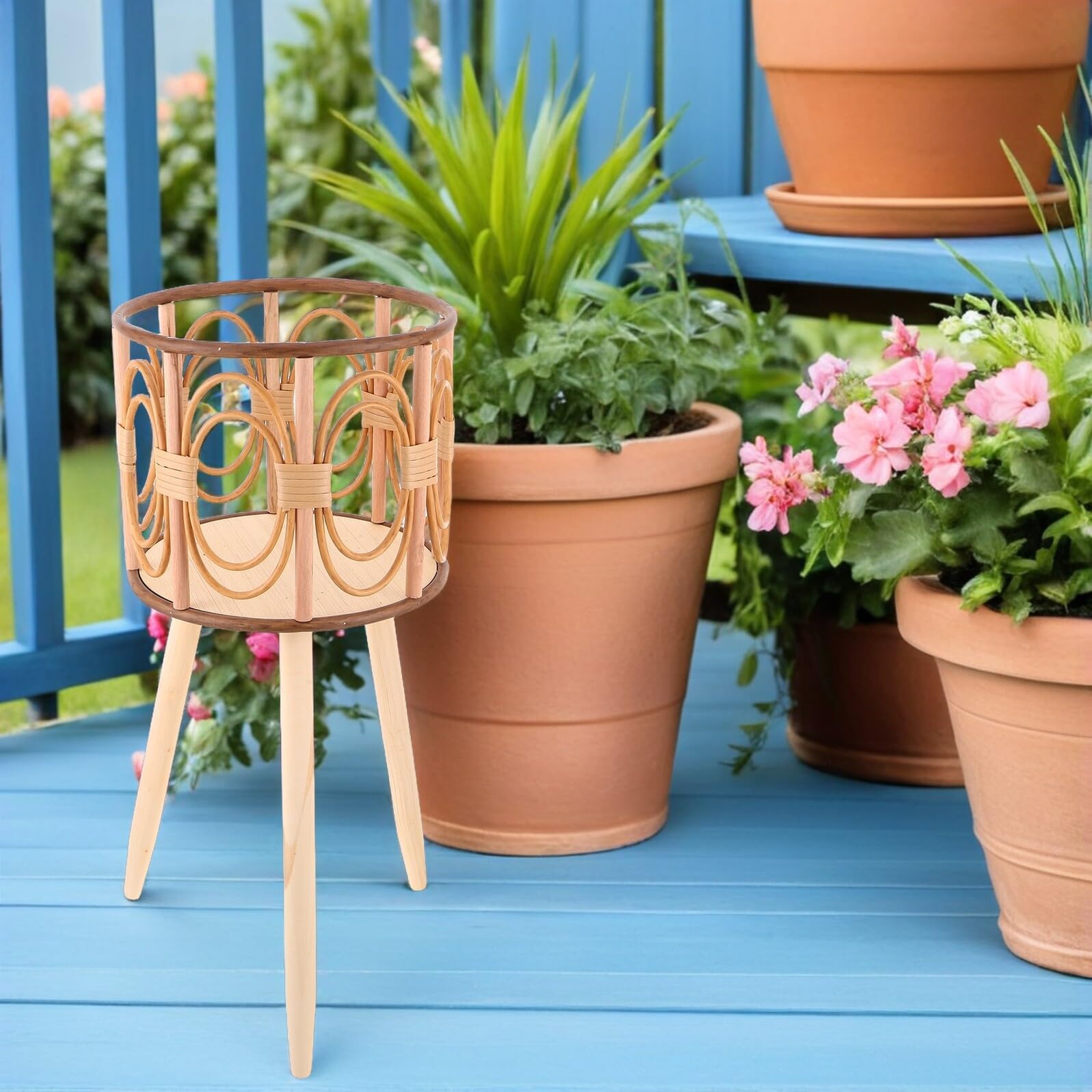 TOYANDONA Supporto Porta Piante Intrecciato in Legno con Gambe Portavasi da Interno e Balcone Traforato Supporto Stabile per Fioriere da Pavimento Diametro 25 CM Altezza 53 CM