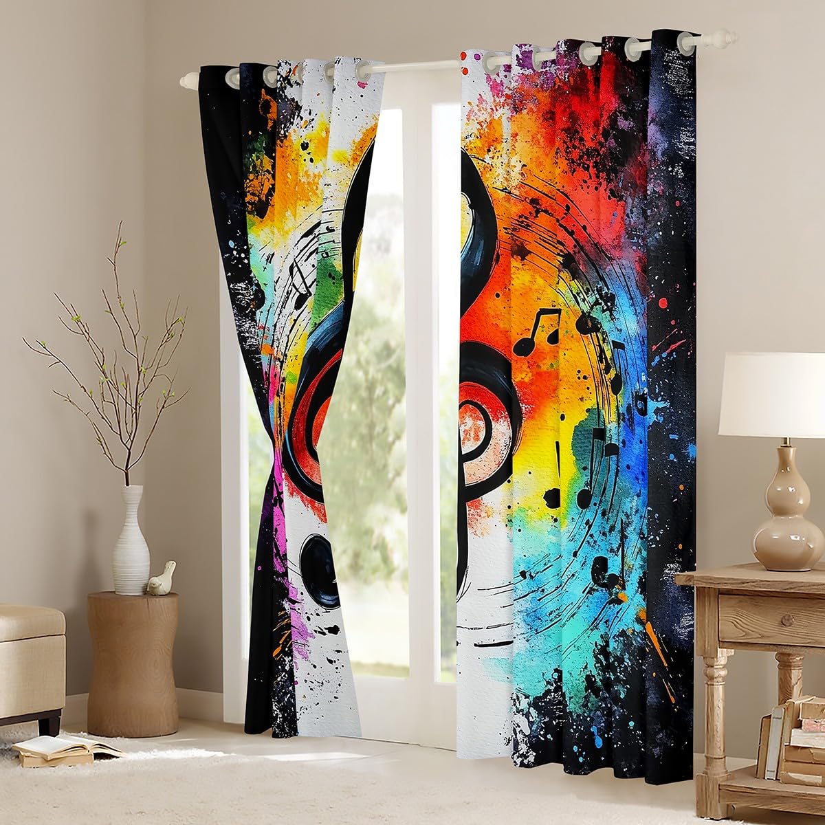 Cortinas de ventana para niños, diseño de graffiti teñido anudado, moderno, para niños y niñas, tema de música hip pop, rock, negro, blanco, tratamiento de ventana, juego de 2 paneles con