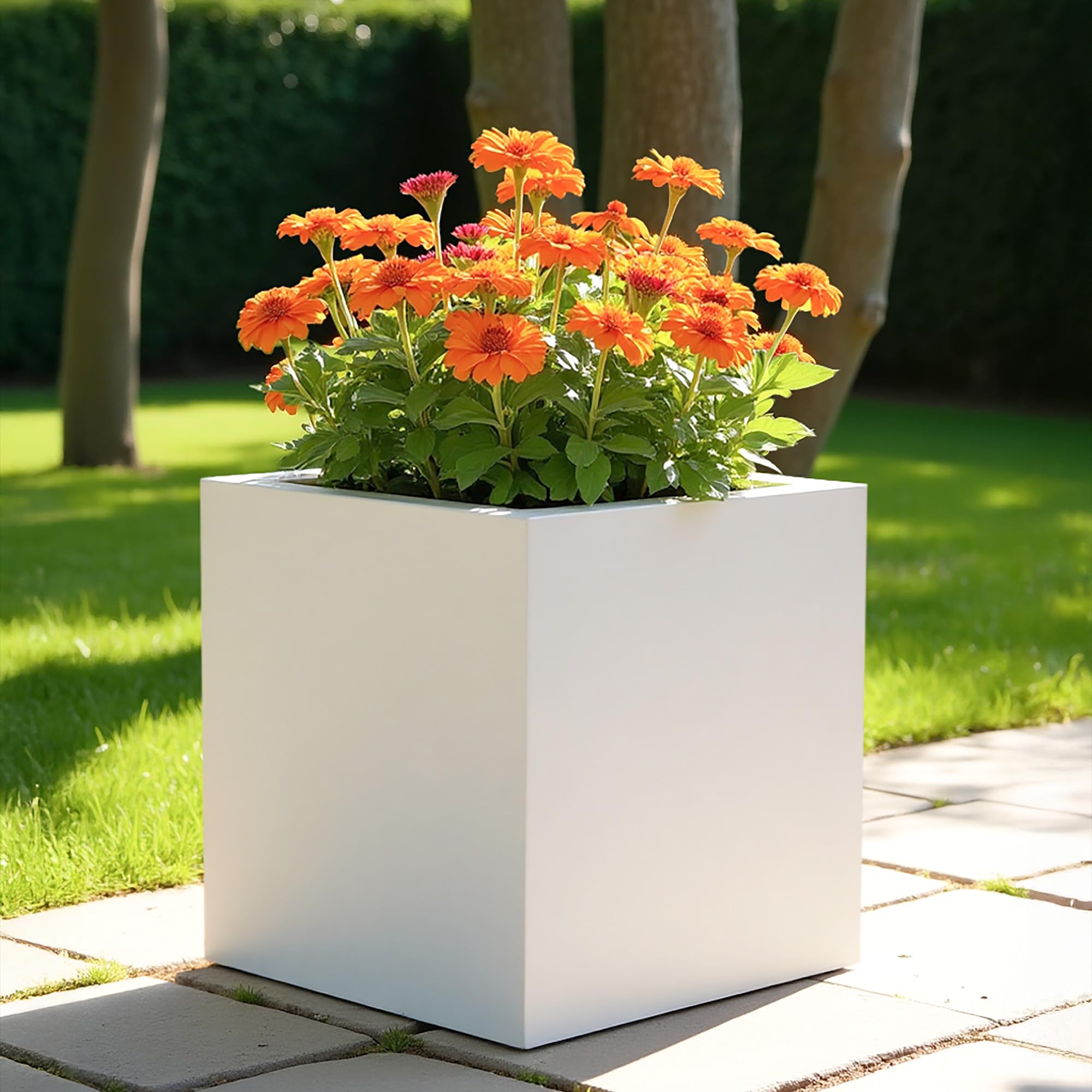 IDEALIST 50cm Large Square Planter for Trees | White Reinforced Stone Flower Pot with Drainage Holes L50 W50 H50 cm, 126 litres