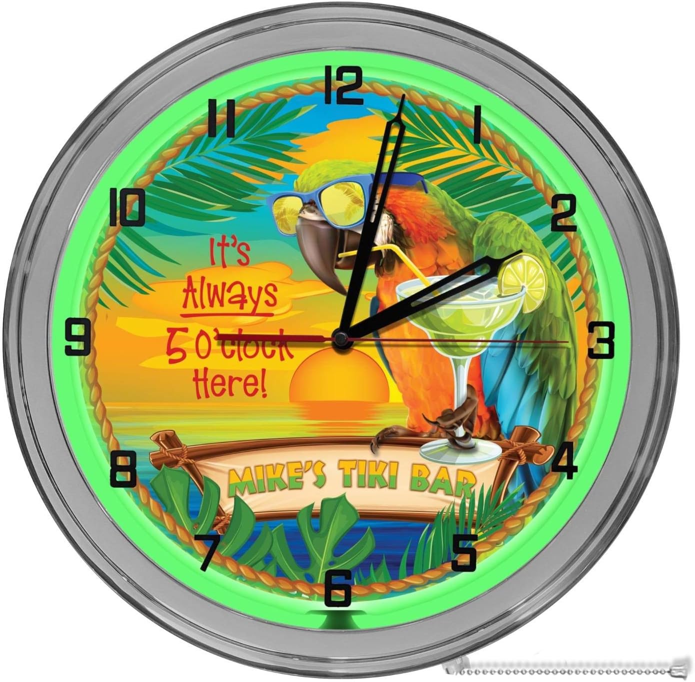 Margarita Tike Bar Always Five O'clock 16" Light Up Green Neon Clock