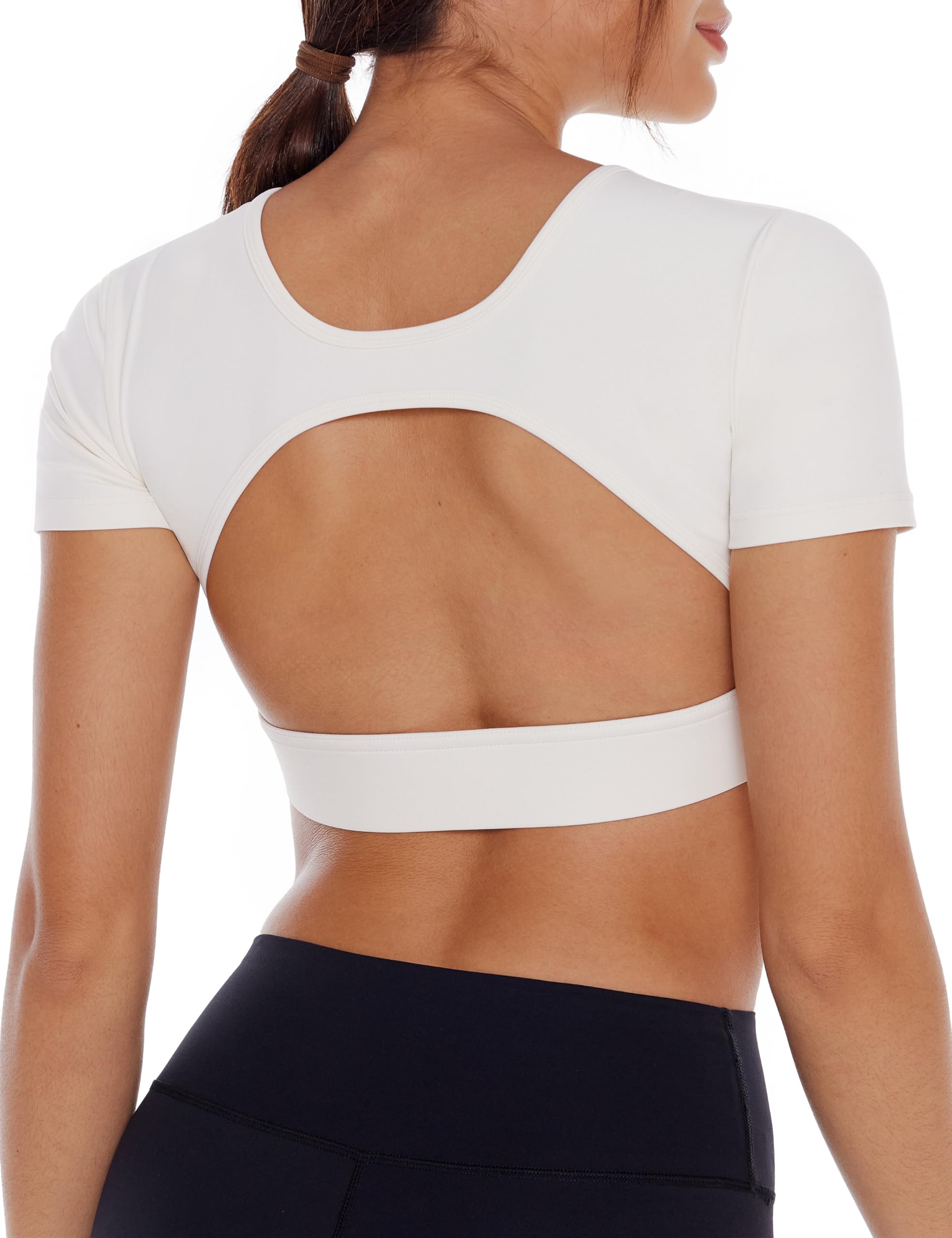 ENERBLOOM Open Back Workout Crop Tops for Women Backless Yoga Shirts Gym Short Sleeve Mild Support Compression Tee with Bra