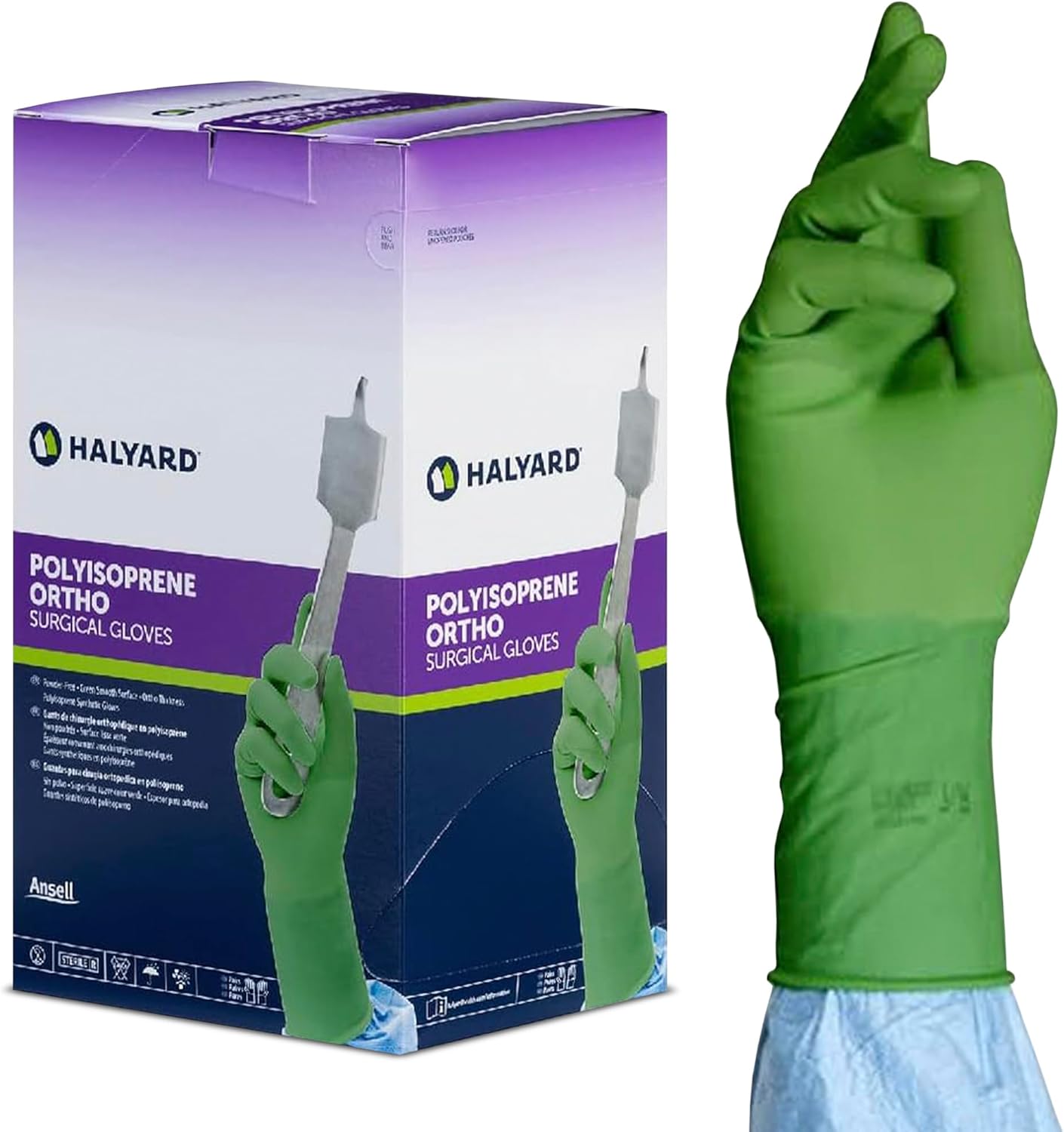 HALYARD Ortho Surgical Glove, Polyisoprene, 12.8 Mil Thick, Individually Wrapped Pairs, Powder-Free, Sterile, 7.5 Medium, Green, SGL98075 (Box of 50 Pairs - 100 Total)