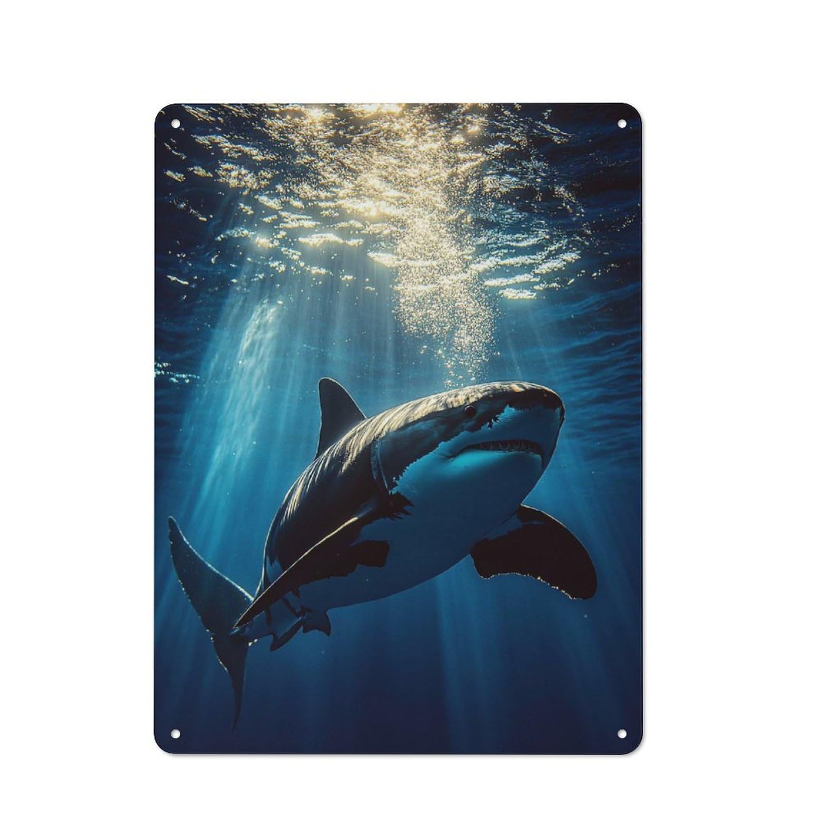 Junmoney Style-14 Tin Wall Plaque 40X30cm With Great White Shark Underwater Sunlight For Café Or Restaurant, Housewarming Present For People Styling Café And Restaurant