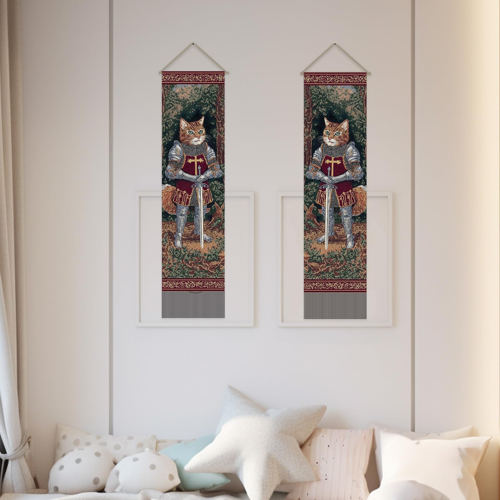 SUPERDANT Ritter Katze Schmale Wandteppich 2 teiliges Set Polyester Rechteck Wandbehang für Wohnung Wohnzimmer Schlafzimmer Eingangsbereich Flur Studentenzimmer Büro Vertikale Wandkunst Deko 130x33cm
