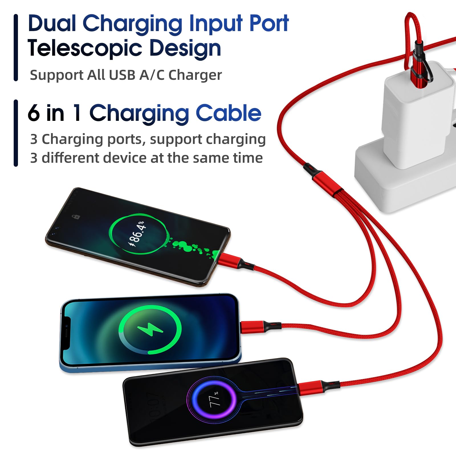 Ankndo Lot de 3 câbles de charge multi-USB 6 en 1 3 A - Câble de charge multiple USB A/C vers port i-P/USB C/Micro USB - Câble de charge universel pour téléphones portables/tablettes/Galaxy et plus