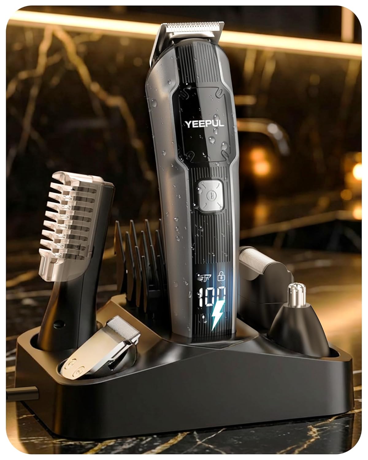 2026 Upgrade Beard Trimmer for Men 12-in-1 Cordless Grooming Kit with Charging Dock Professional Barber Hair Clippers IPX7