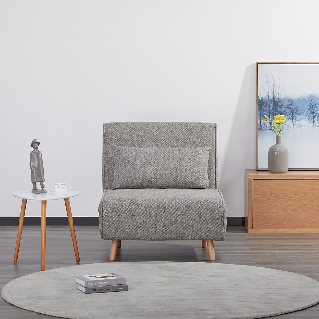 EVERGREENWEB Poltrona Letto Singolo con Cuscino Imbottito INCLUSO, Tessuto Grigio Chiaro, Divano 1 Posto Salvaspazio Pieghevole, Pouf Poggiapiedi, Schienale Regolabile Clic Clac, Gambe in Legno, FOLDY