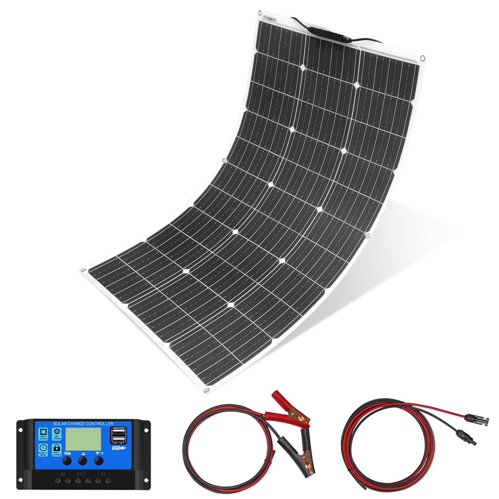 Yingguang ‎Black+White 1Pcs 100W 18V Flexible Solar Panel Kit System Monocrystalline Photovoltaic Module 18V 10A Solar Controller, For Charging 12V Batteries - Rvs, Caravans, Boats, Roofs
