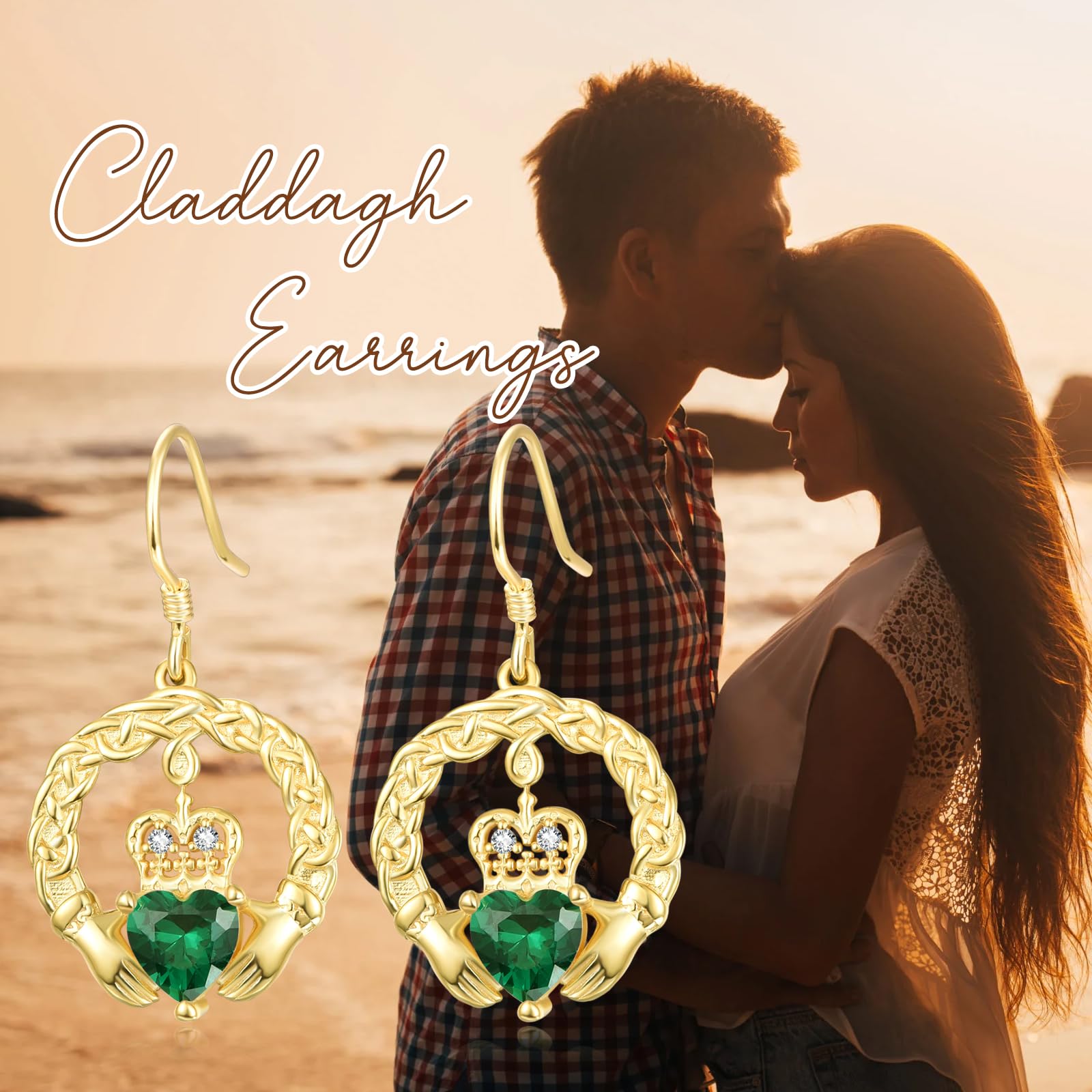 TANGPOET Claddagh Ohrringe Damen Silber 925 Vergoldet Keltische Hängend Ohrringe Geburtsstein Ohrhänger Irischer Schmuck Geschenke für Geburtstag Weihnachten Valentinstag Muttertag