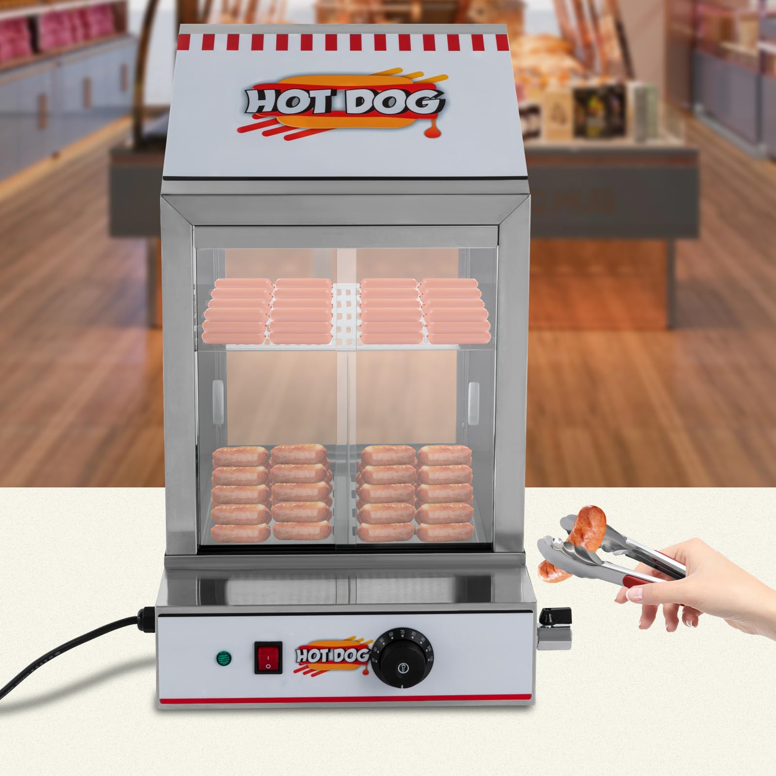 Máquina de perro caliente, 1200 W, calentador eléctrico para perro, calentador de comida snack salchicha, calentador de vapor, 220 V, para cantinas, pequeños supermercados