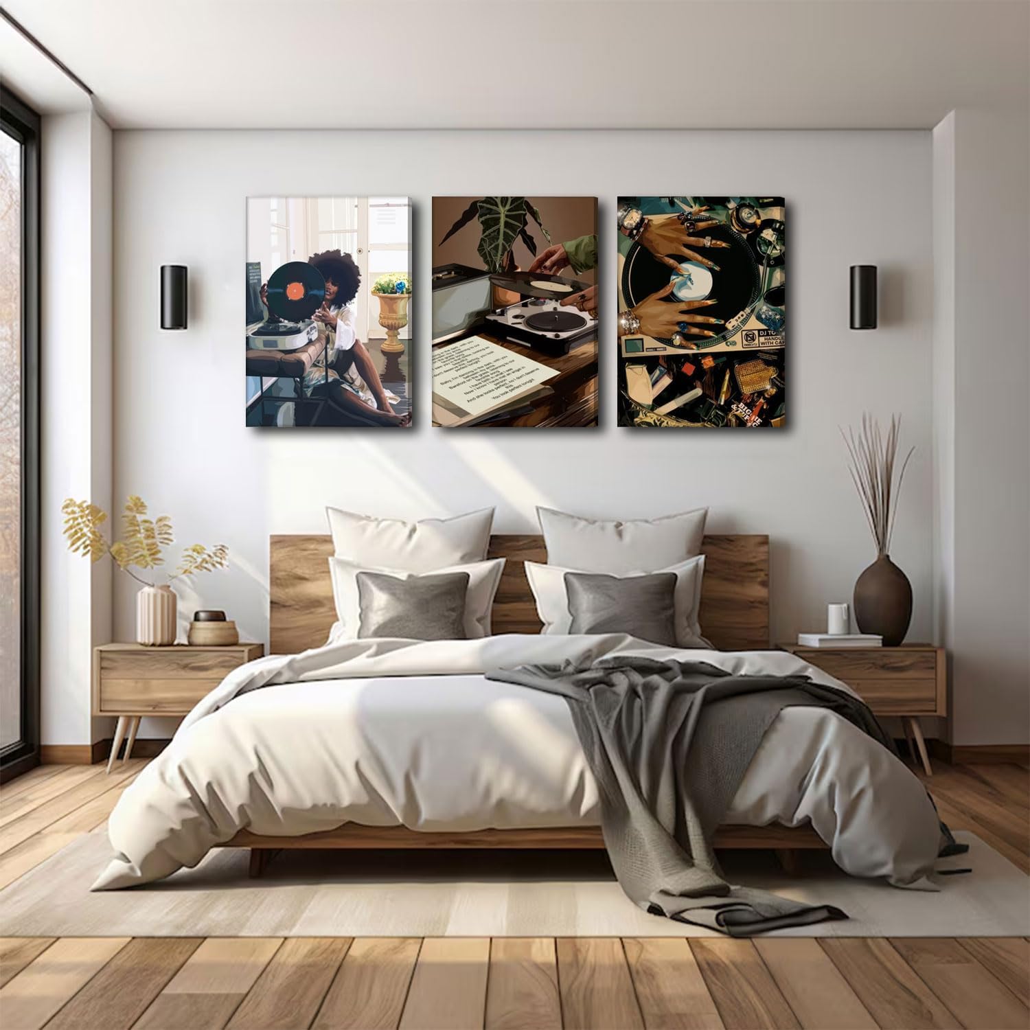 Framed Black Girl Canvas Wall Art 3Pcs black Girl Record Music Wall Decor Pictures Funky Black Girl Posters prints for Modern Black Woman Bedroom Home Decoration 12x16in