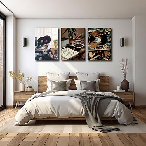 Miniatura 5 de Lienzo enmarcado de niña negra, 3 unidades, diseño de niña negra, música, decoración de pared, cuadros de niña negra, pósteres para decoración