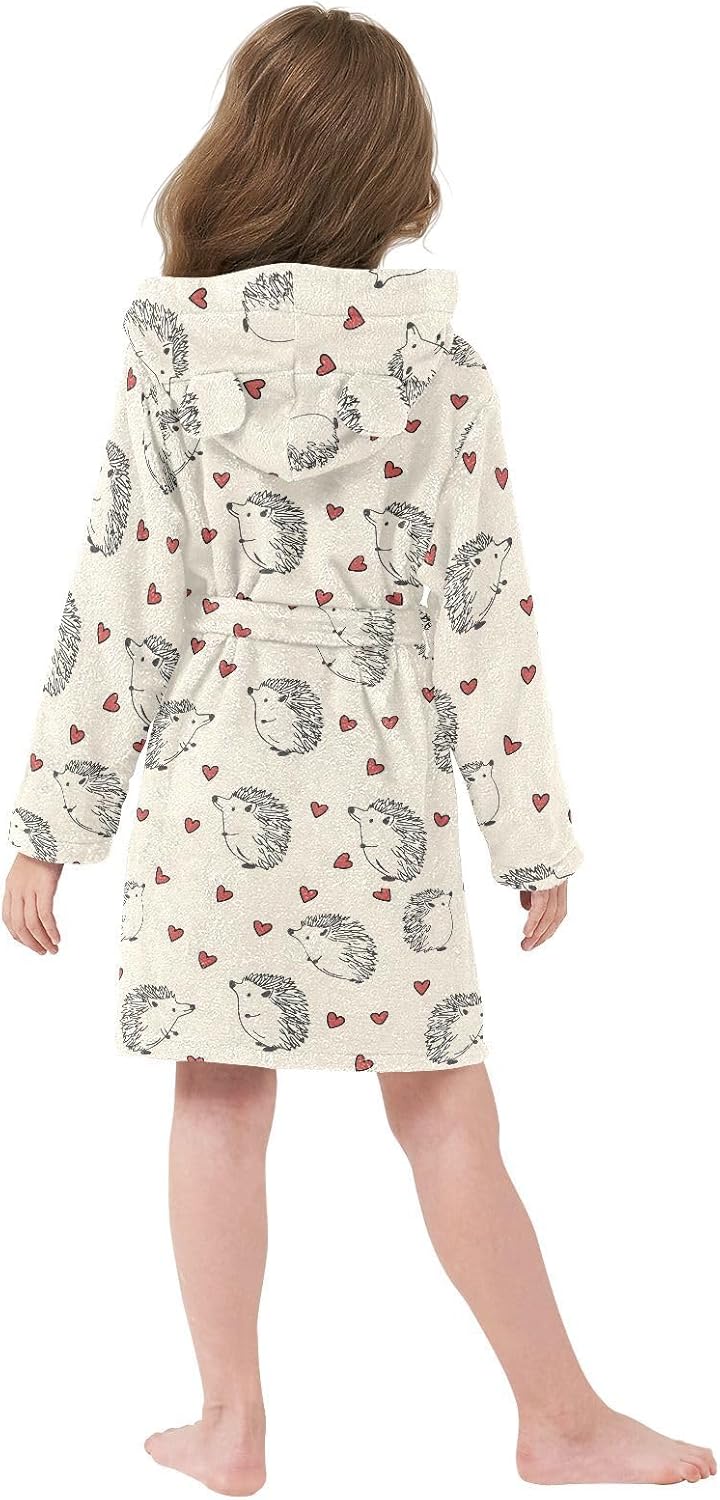 senya Grey Hedgehog Love Heart Toddler Hooded Bathrobe Kids Soft Plush Bath Towel Robes for Boys Girls 2-12 Years
