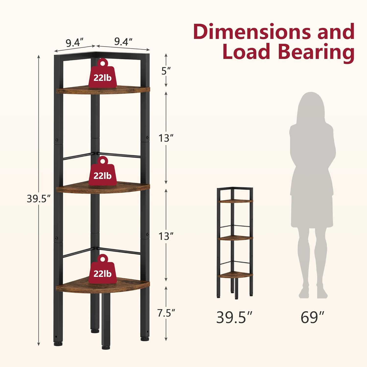 Tajsoon Small Corner Shelf Stand 3 Tier 39.6" Industrial Corner Display Shelf Shelving Unit, Corner Tables for Small Spaces, Bedroom, Living Room, Office, Kitchen, Rustic Brown