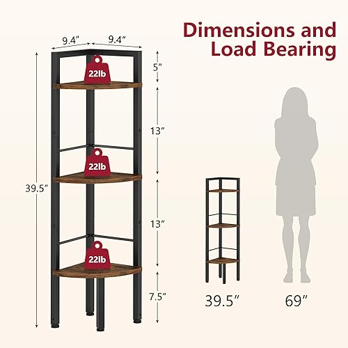 Miniatura 2 de Tajsoon Estante esquinero pequeño de 3 niveles de 39.6 pulgadas, estante de esquina industrial, estantes esquineros para espacios pequeños,