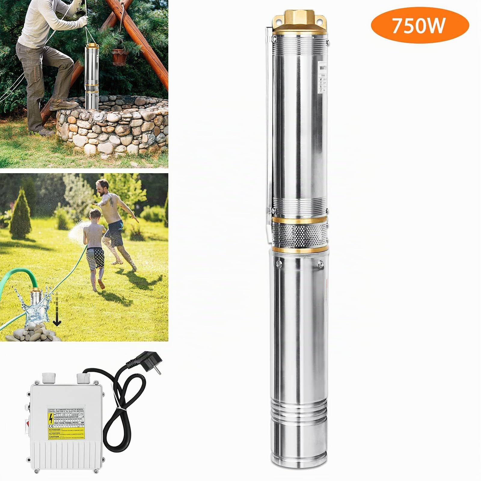Froadp 4 pulgadas Bomba de Pozo Sumergible de Acero Inoxidable, 220V Bomba Eléctrica con 20m Conexión Cable y Caja de Control, 4000L/h Bombas Sumergibles para Fuentes Bodegas Estanques Jardín (750W)