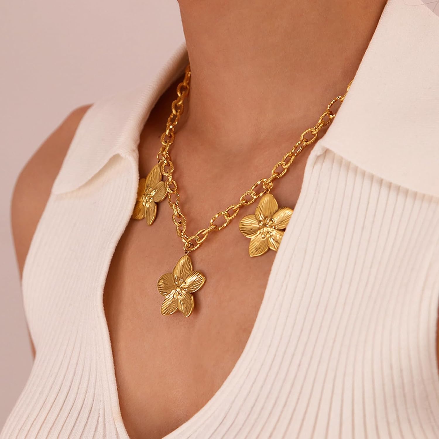 Gold Boho Flower Pendant Necklace Stainless Steel Charm Necklace for Women Fashion Beach Dainty Necklaces Summer Aesthetic Jewelry Gifts for Her - Image 5