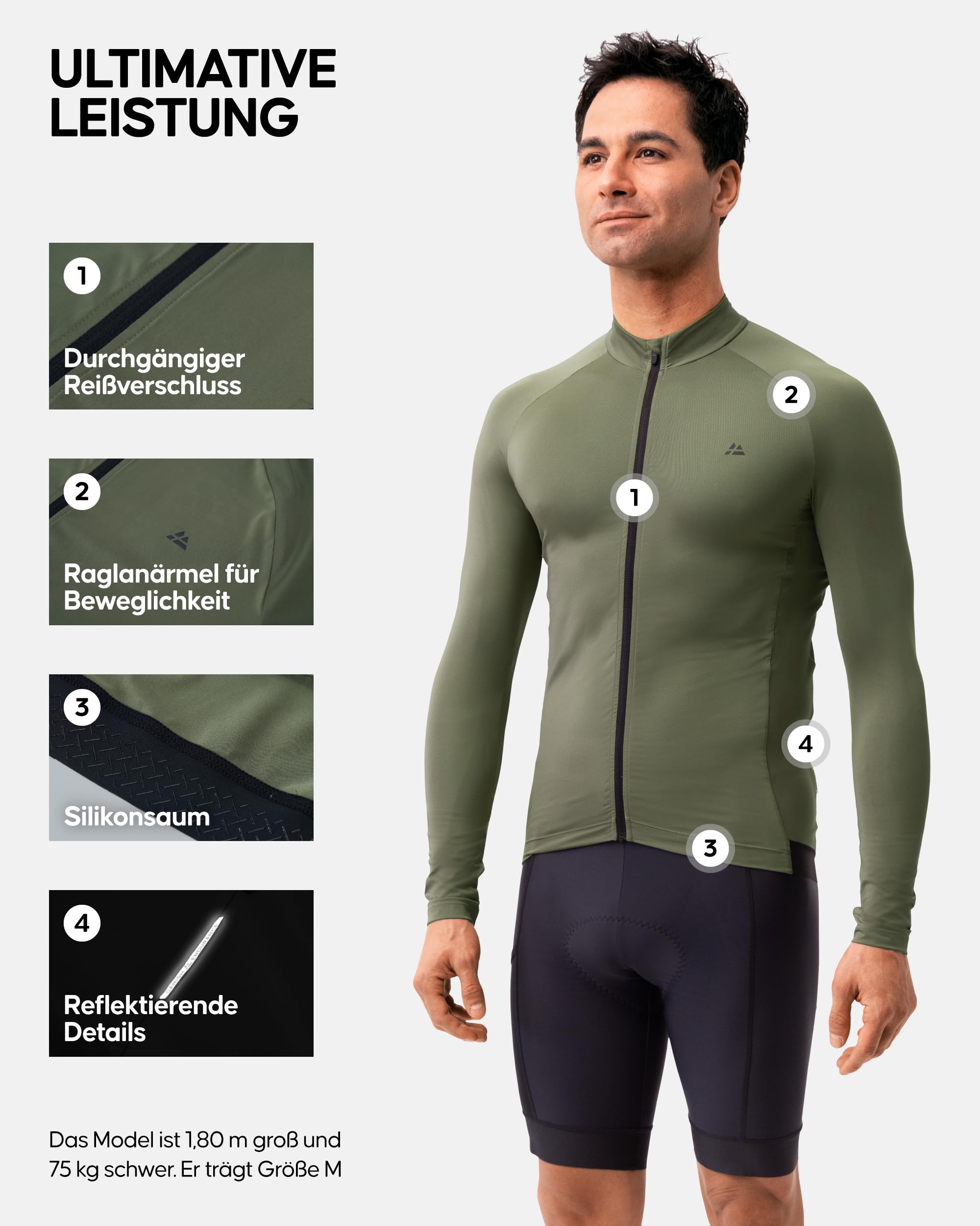 DANISH ENDURANCE Langarm Radtrikot Herren mit Reißverschluss, Fahrradtrikot mit Taschen, Schnelltrocknendes Rennradtrikot, Fahrradbekleidung Herren